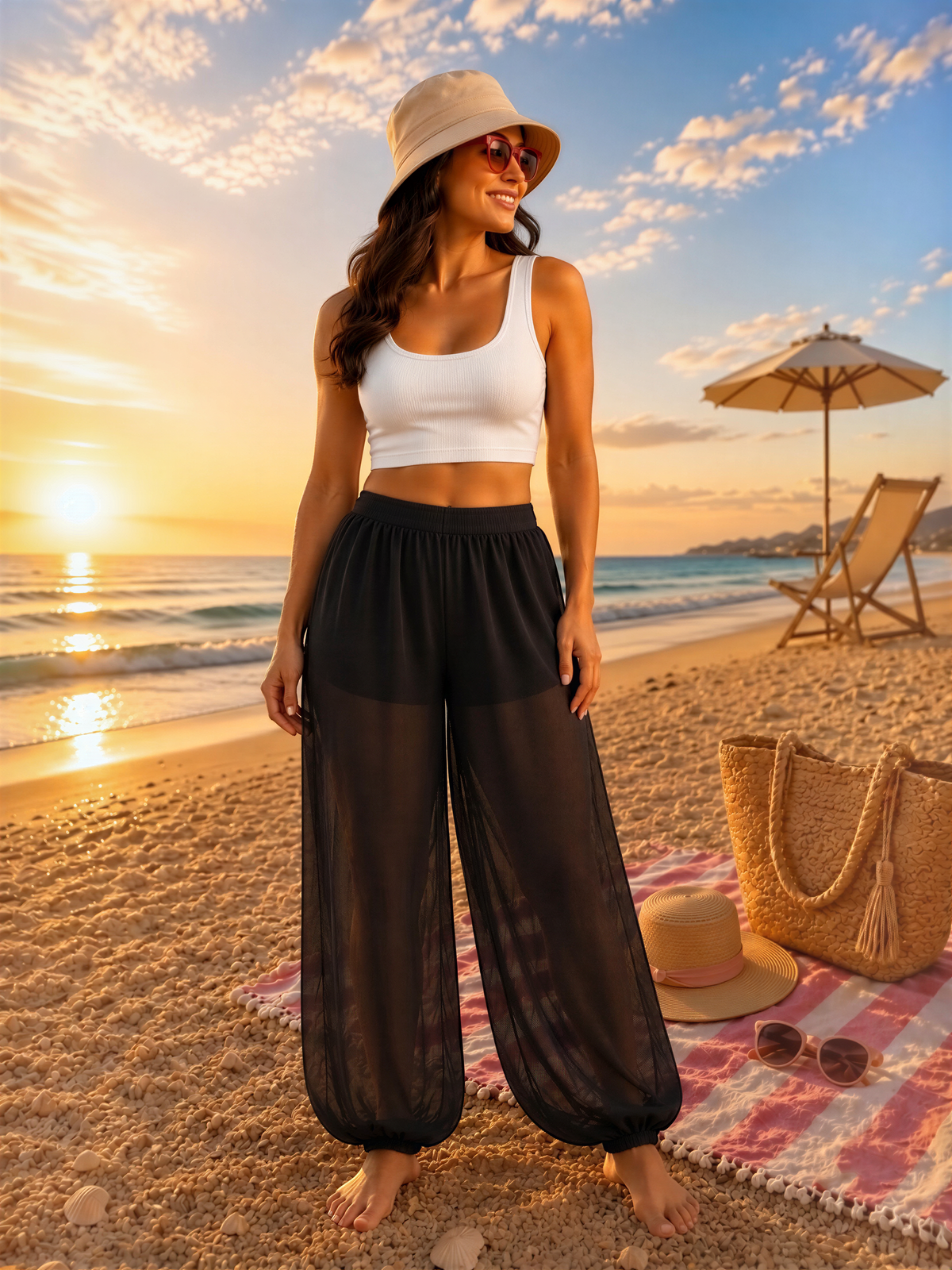 A woman in a white crop top and black pants stands on a beach, smiling and wearing a wide-brimmed hat.