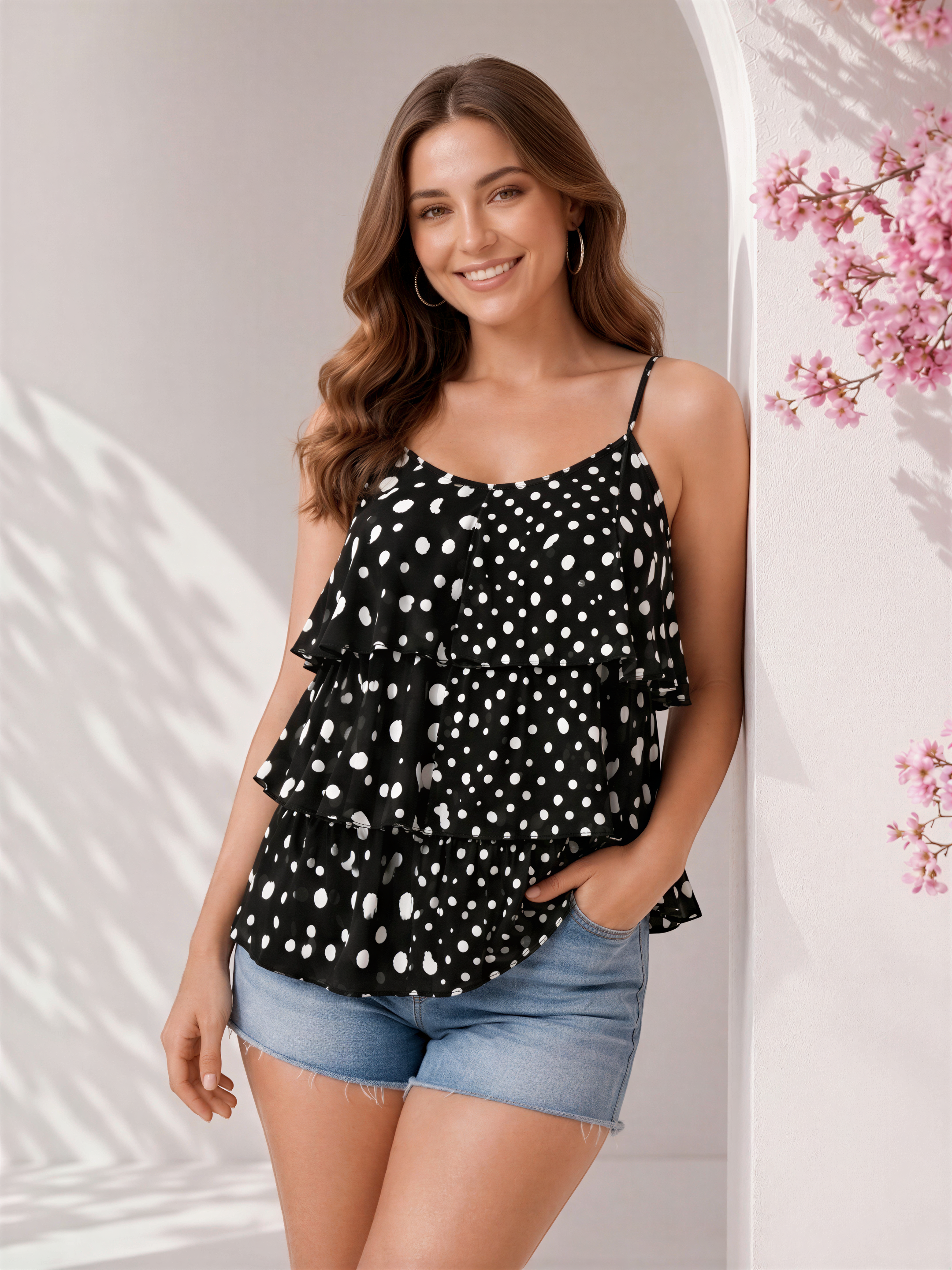 A young woman with long brown hair is smiling and posing in front of a white wall with pink flowers. She is wearing a black and white polka dot top and denim shorts.