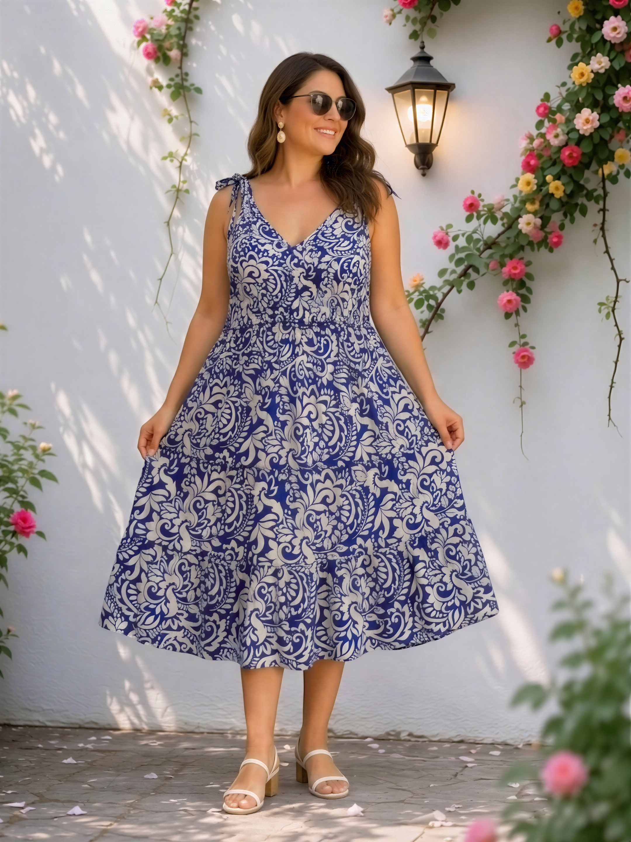 A woman wearing a blue and white patterned dress stands in front of a white wall with pink and yellow flowers, smiling and posing for the camera.