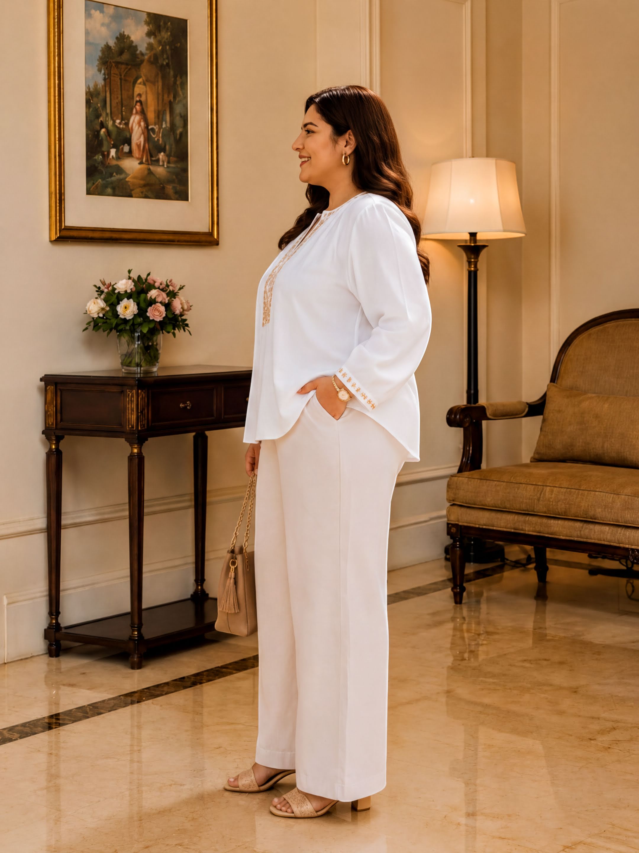 A woman in a white blouse and white pants stands in a room with a painting on the wall, a vase of flowers, and a lamp.