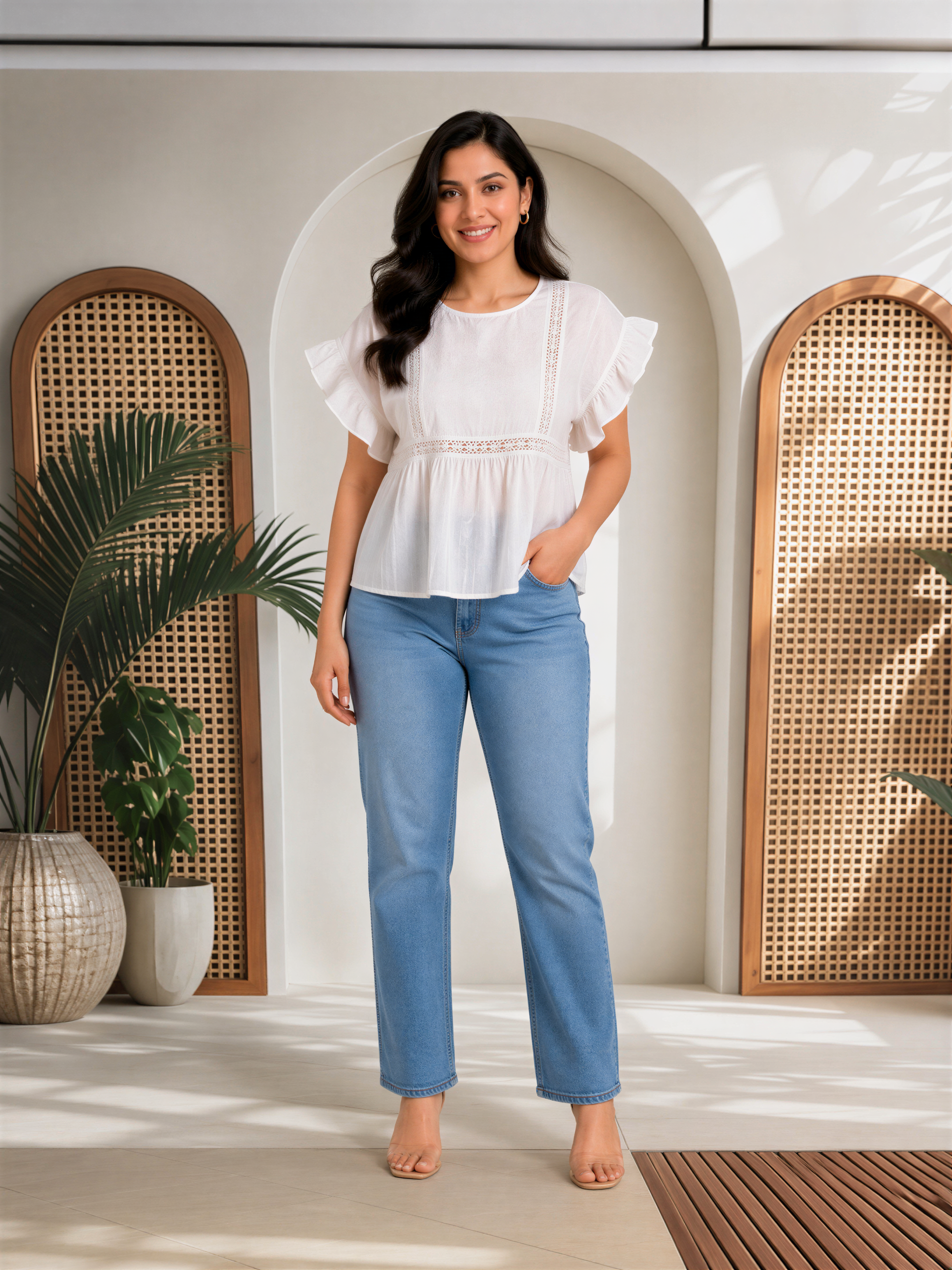 A woman wearing a white blouse and blue jeans stands in a room with arched doorways and potted plants.