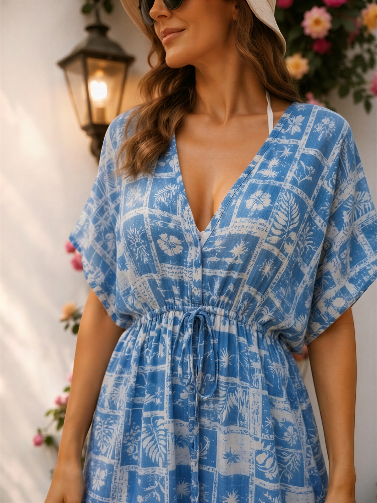 A woman wearing a blue and white patterned dress with a v-neck and short sleeves stands in front of a wall with a lamp and flowers.