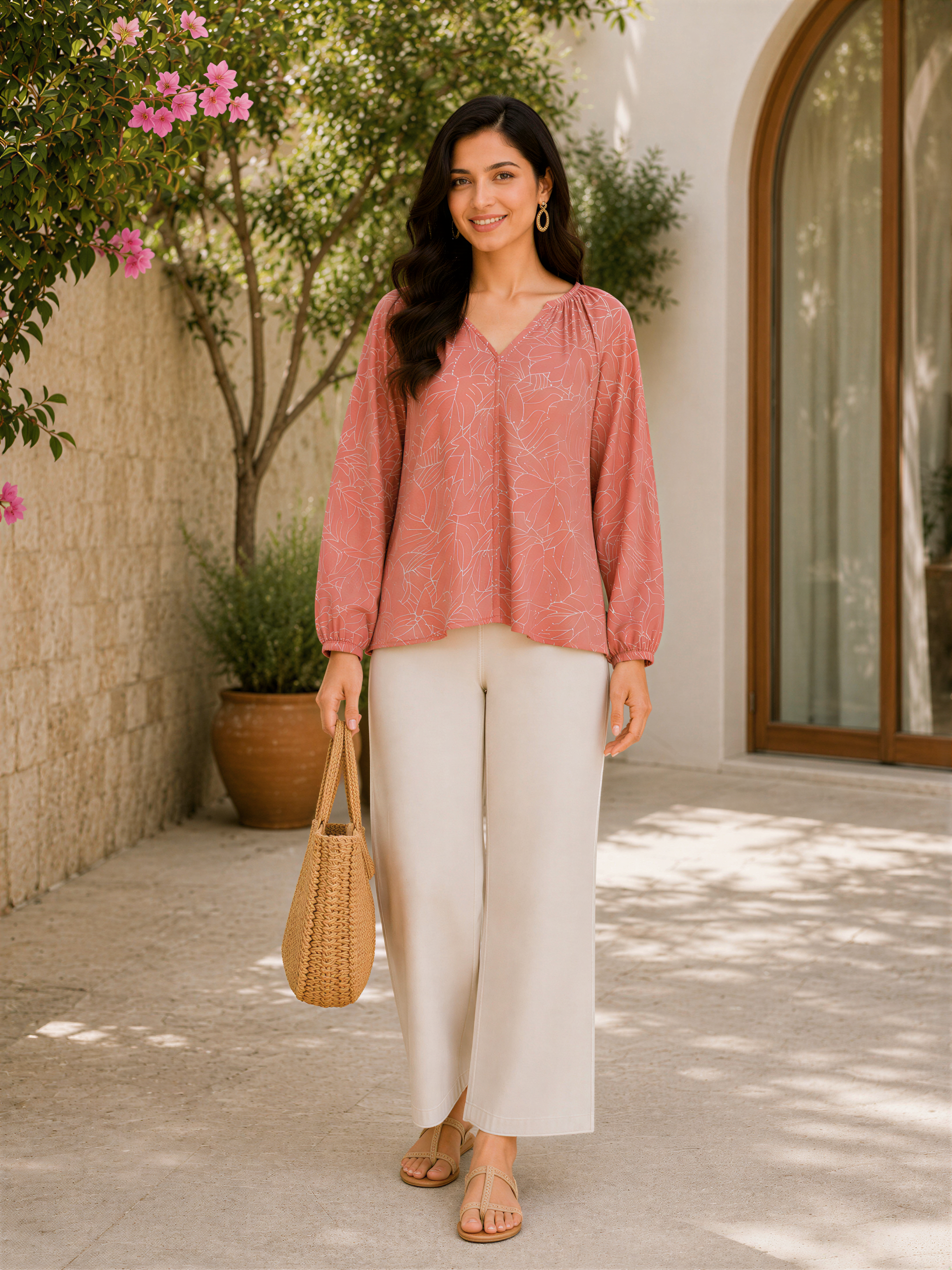 A woman wearing a pink blouse and white pants is standing in front of a building with a large window and a tree. She is holding a woven purse and smiling at the camera.