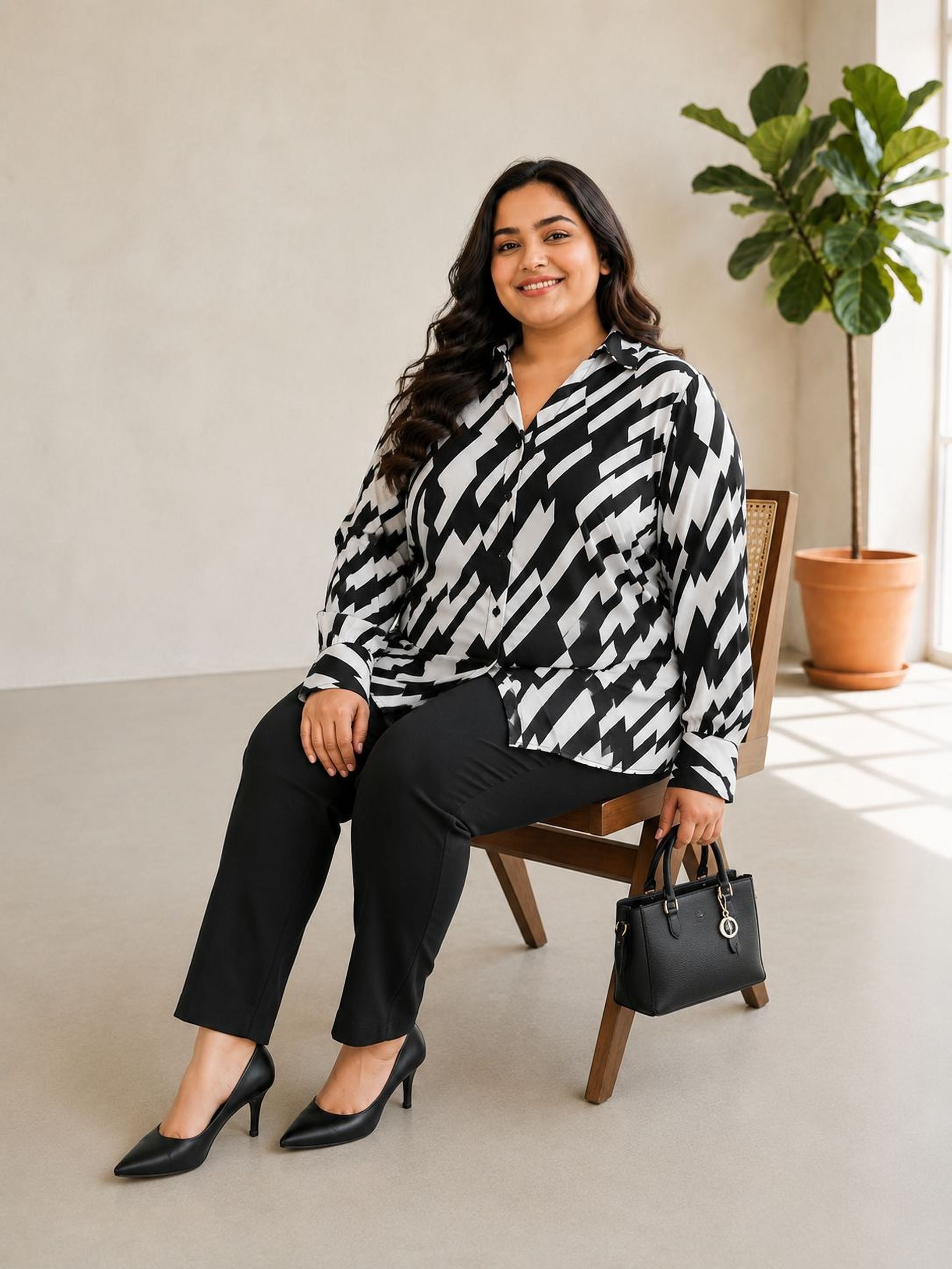 A woman in a black and white patterned blouse and black pants sits on a wooden chair, smiling at the camera. She holds a small black purse in her lap.