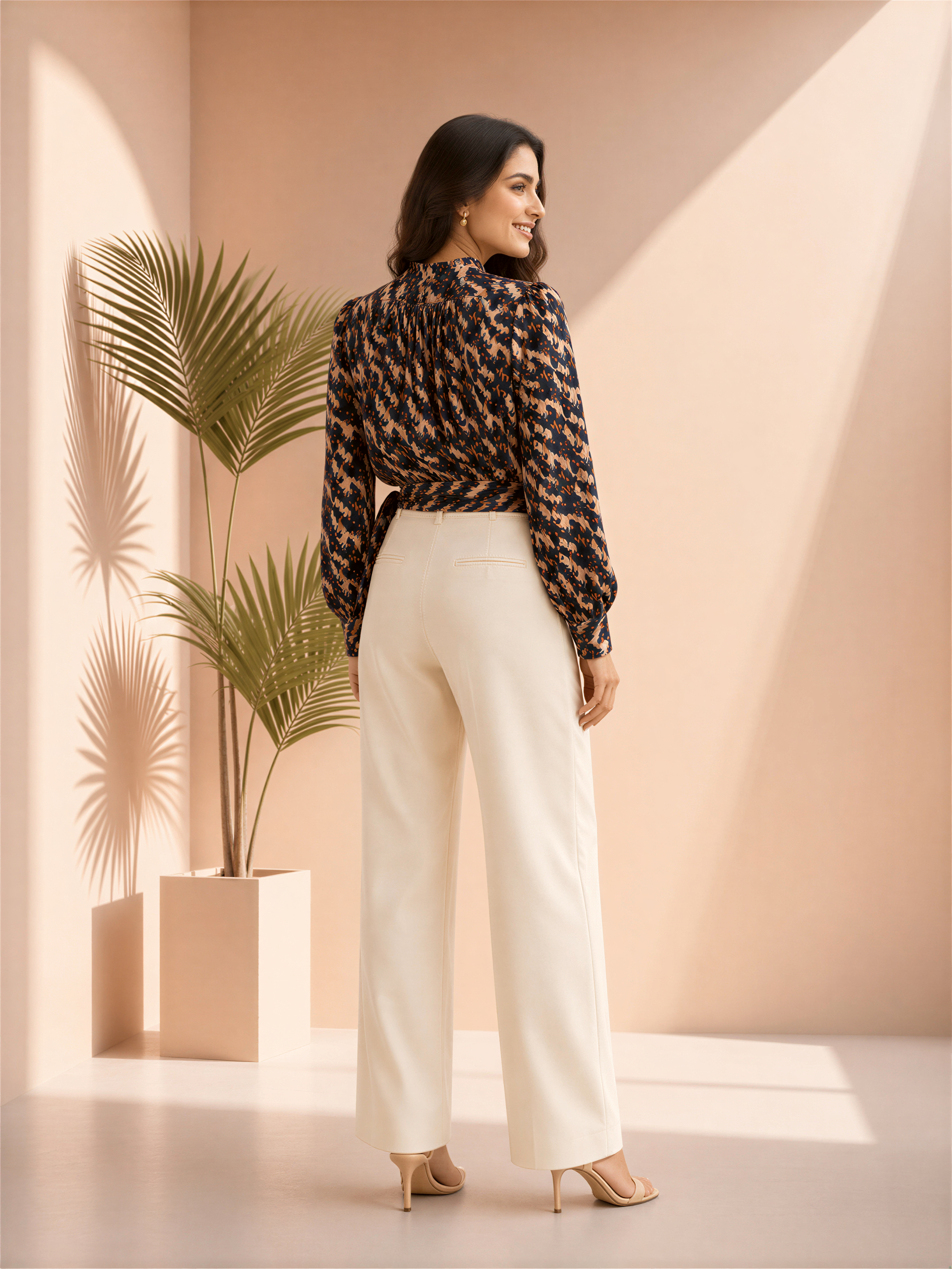 A woman wearing a black and gold patterned blouse and white pants stands in a room with a potted plant and a light pink wall.