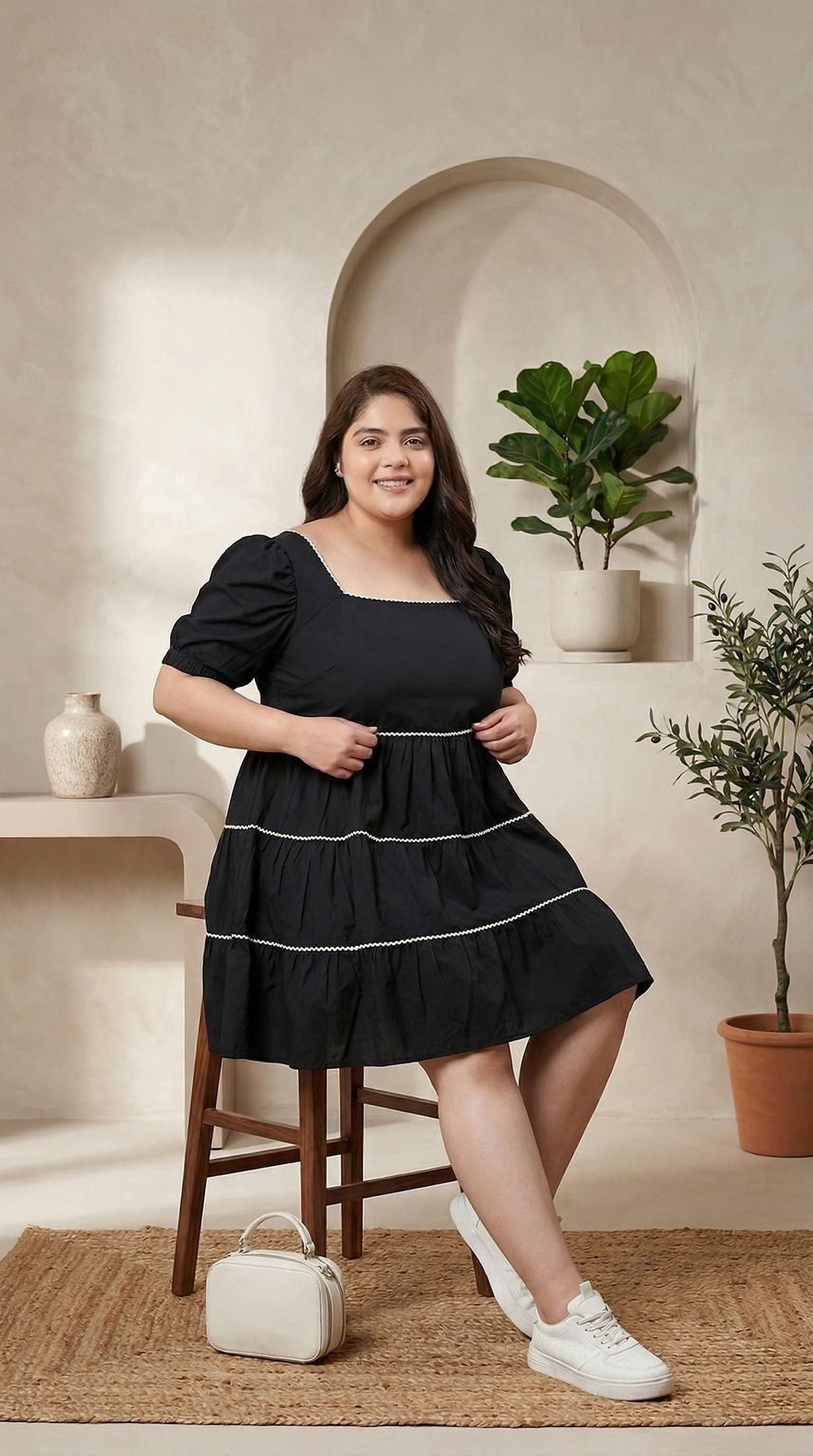 oxolloxo black cotton tiered dress with square neck and puffed sleeves, white piping detail