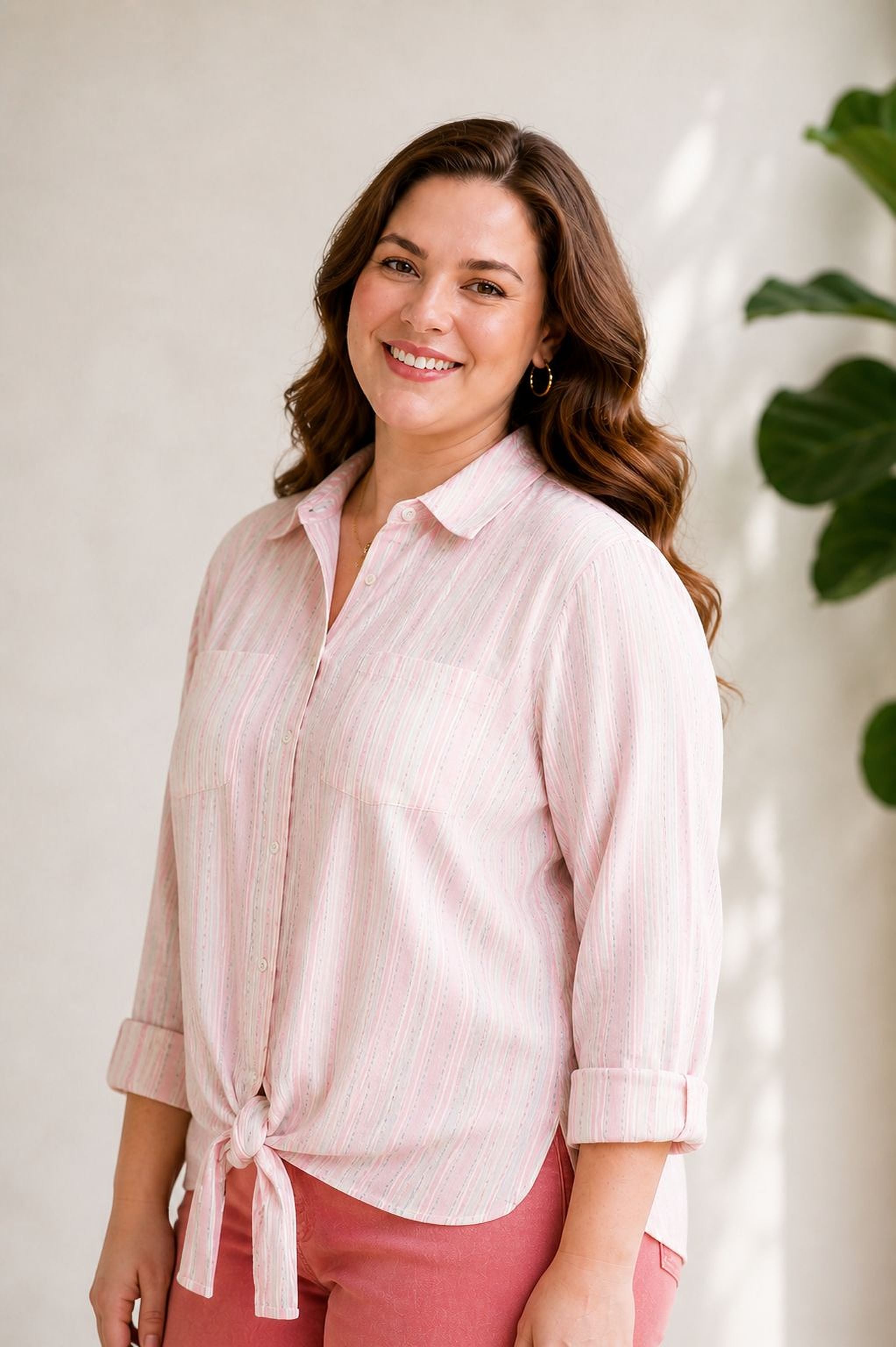 A woman with long brown hair is smiling and wearing a pink striped blouse and red pants.