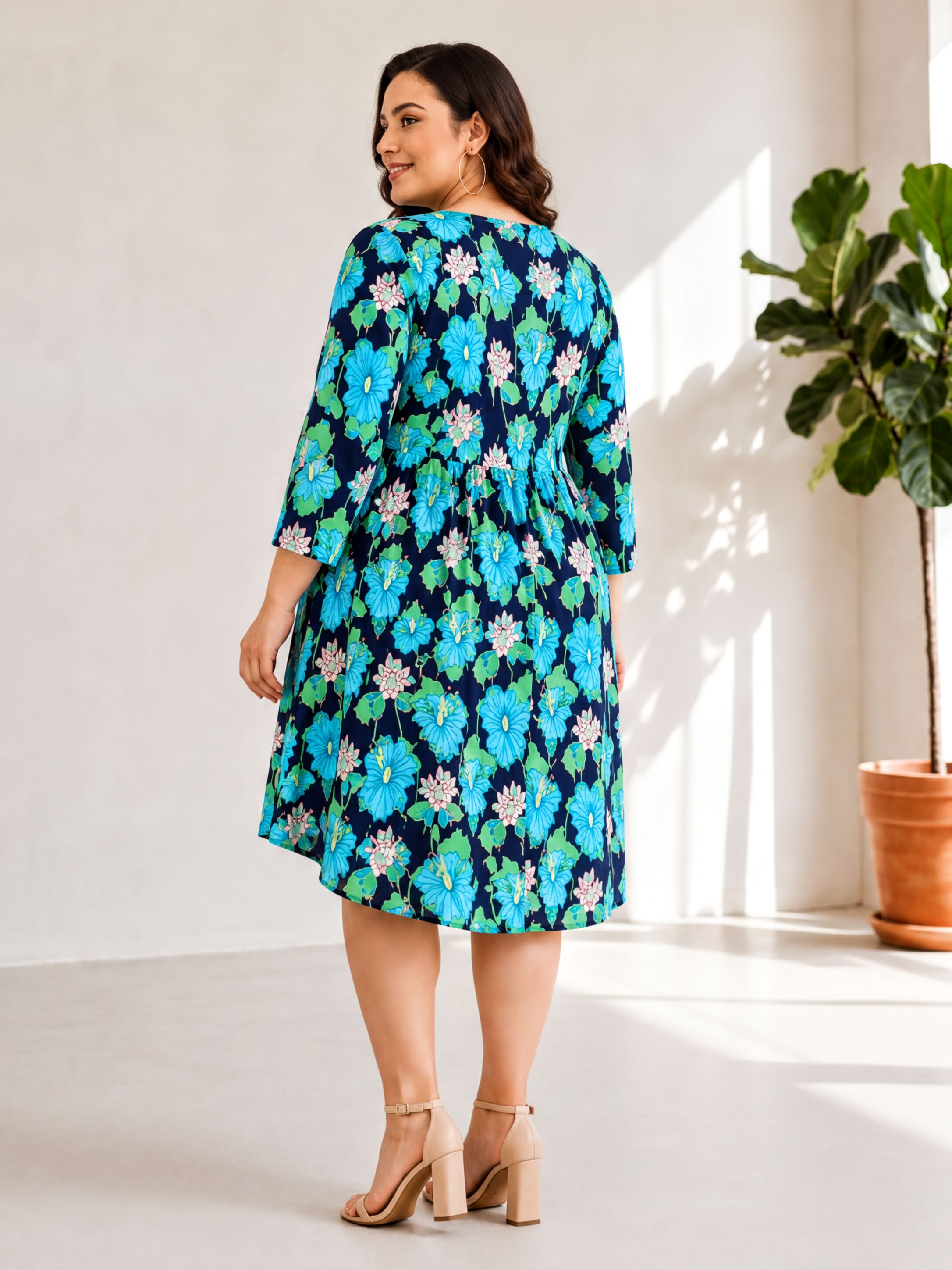 plus size multicolor floral print v neck long sleeve knee length dress