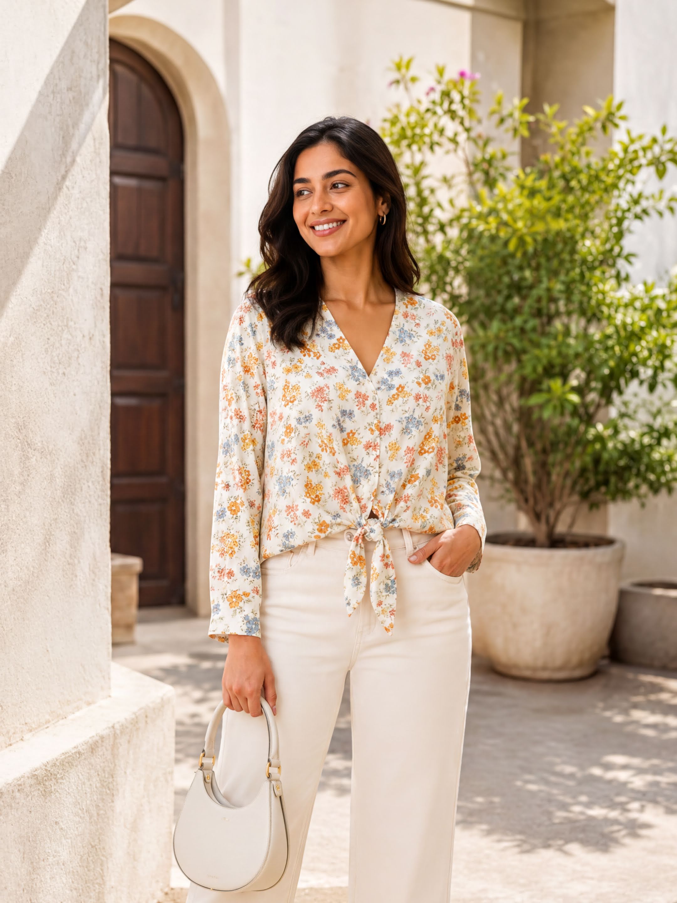 A young woman with long dark hair is standing in front of a building, smiling and holding a white purse.