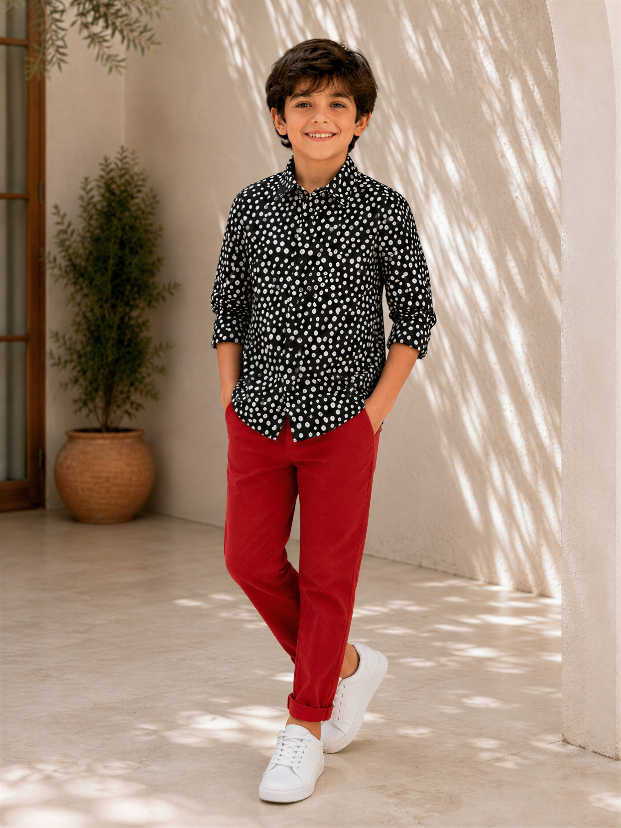 A young boy wearing a black and white polka dot shirt and red pants stands in front of a white wall, smiling at the camera.