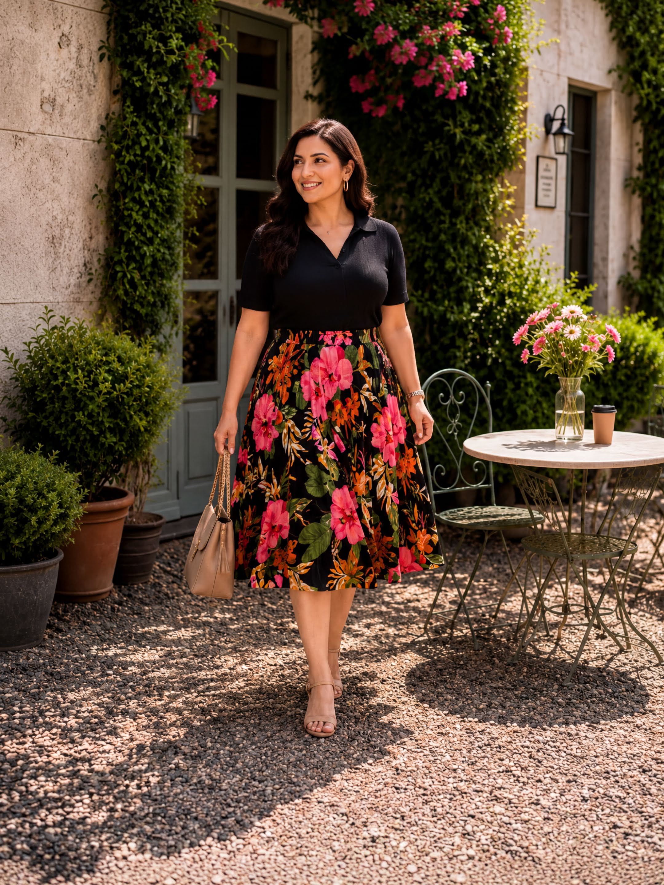 A woman in a black top and a colorful floral skirt is walking on a gravel path in front of a building with a table and chairs set up outside.