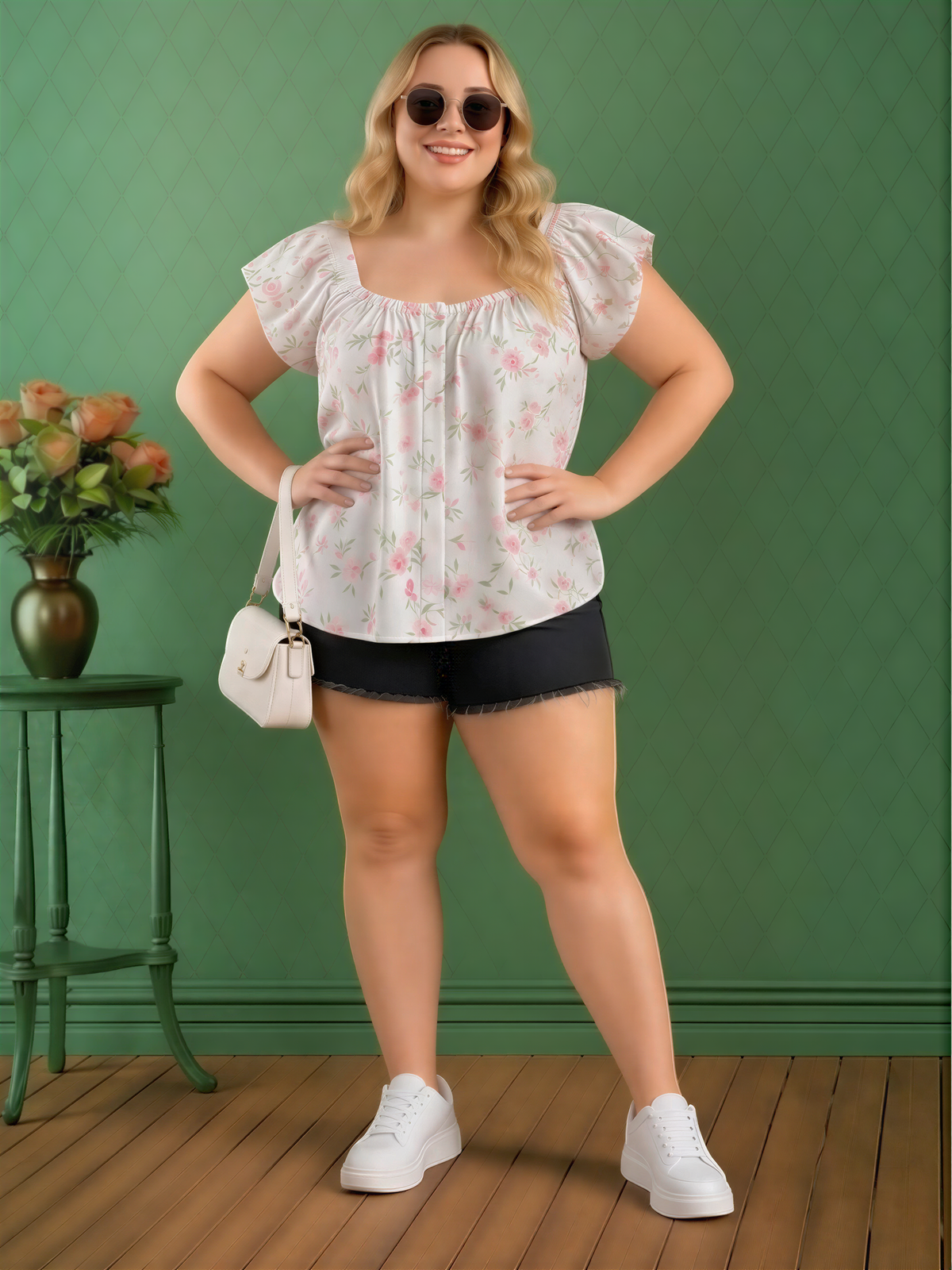 A woman wearing a white floral blouse, black shorts, and white sneakers stands confidently in front of a green wall, smiling and holding a white purse.