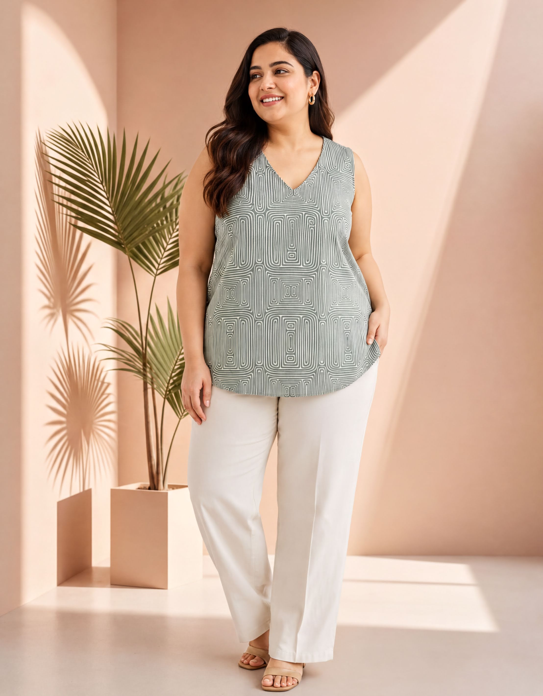 A woman wearing a sleeveless green top with a patterned design, white pants, and sandals is standing in a room with a pink wall and a potted plant.