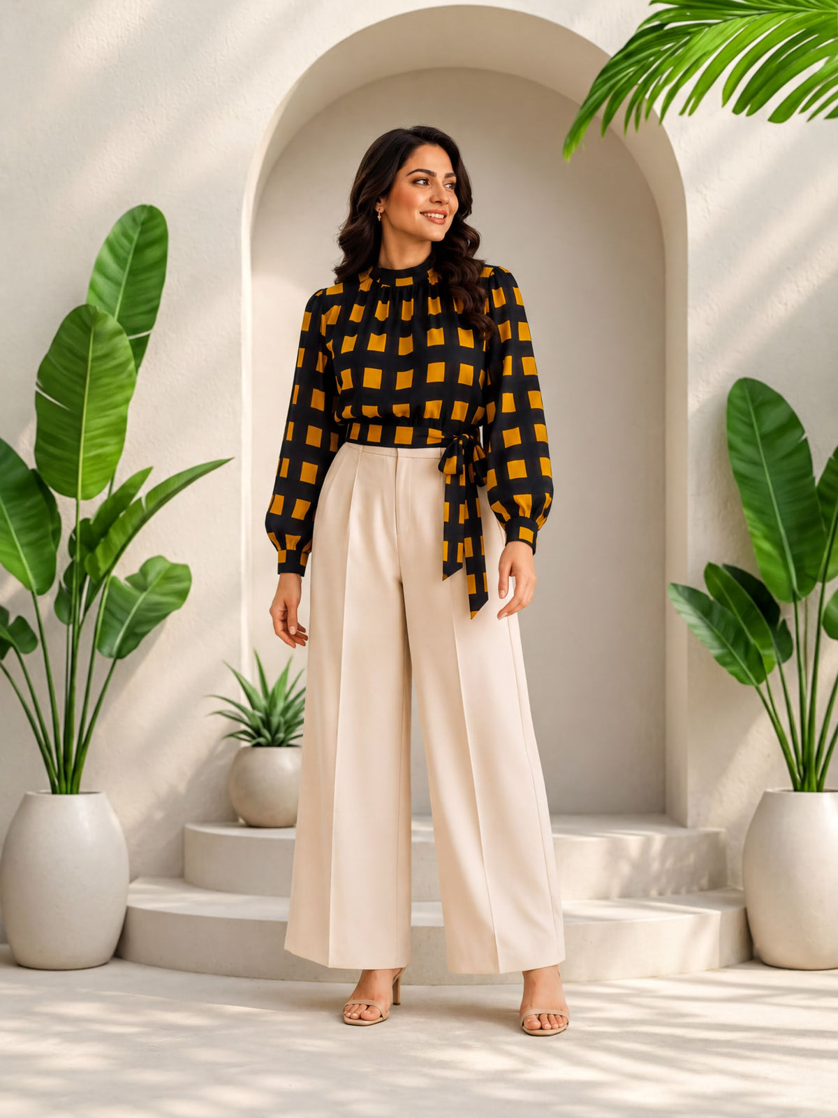 A woman wearing a black and orange checkered blouse and beige wide leg pants stands in front of a white archway, with two potted plants on either side.