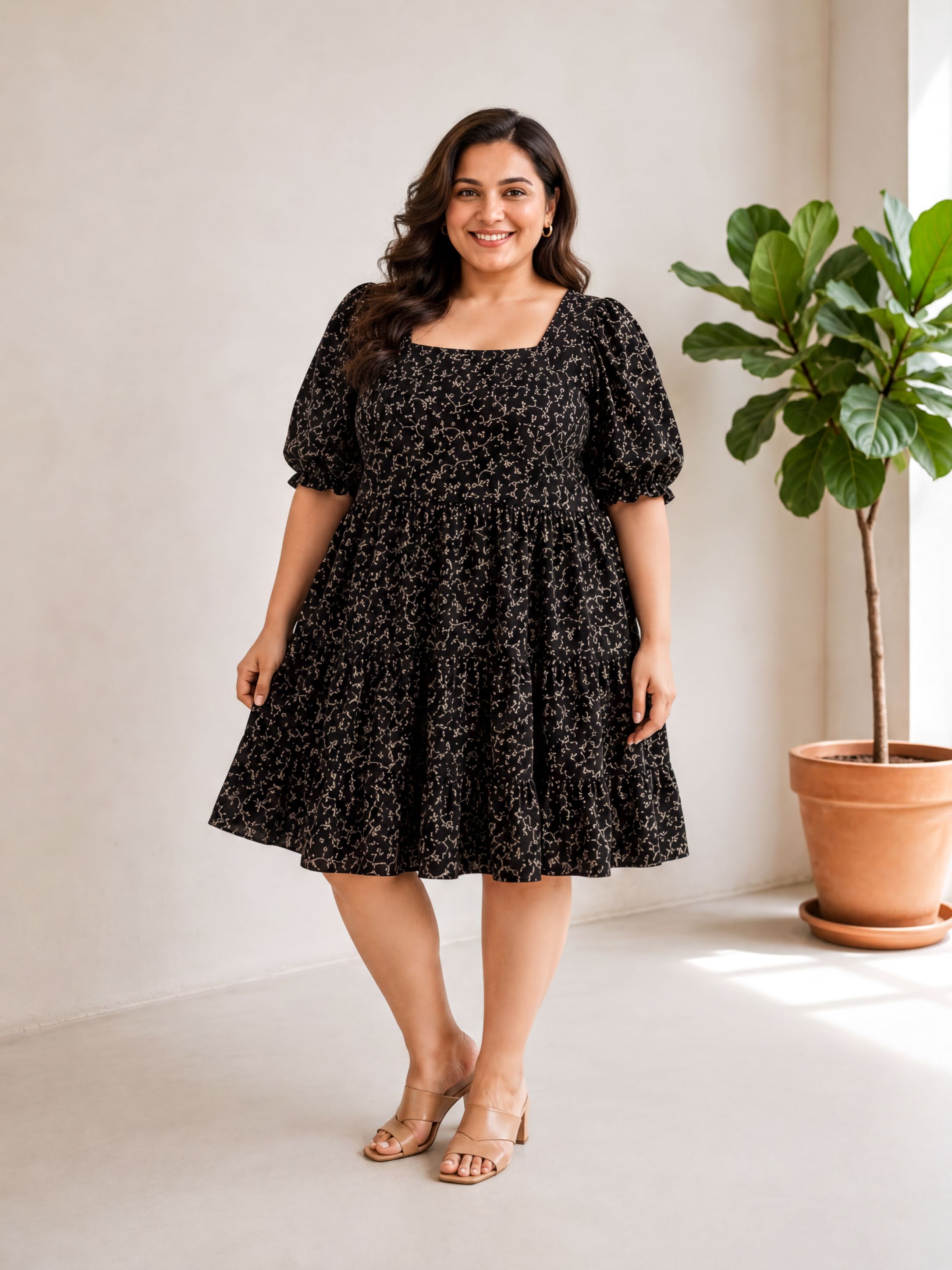 A woman wearing a black dress with a floral pattern stands in a room with a potted plant.
