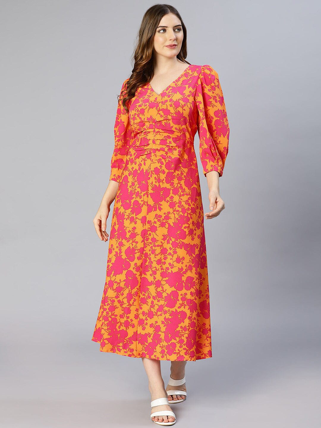 Orange Floral Printed Midi Dress