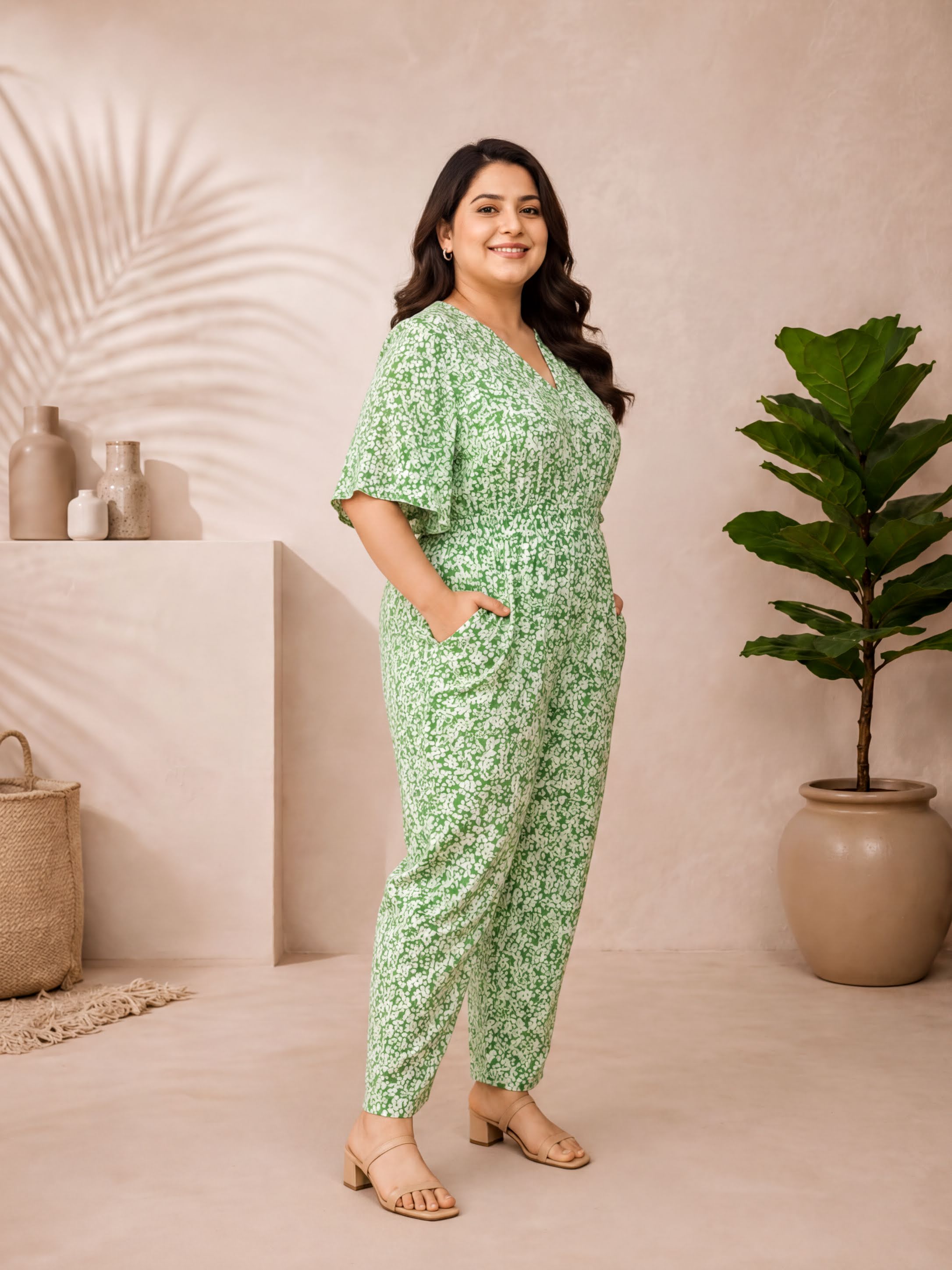 A woman wearing a green floral jumpsuit stands in a room with a plant and decorative items.