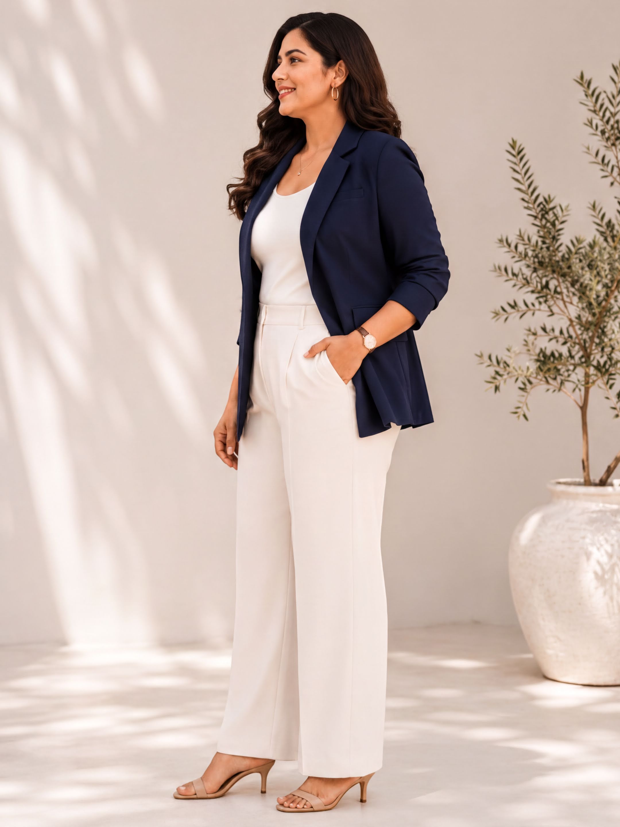 A woman in a navy blue blazer and white pants stands in front of a white wall, smiling and looking to her left.