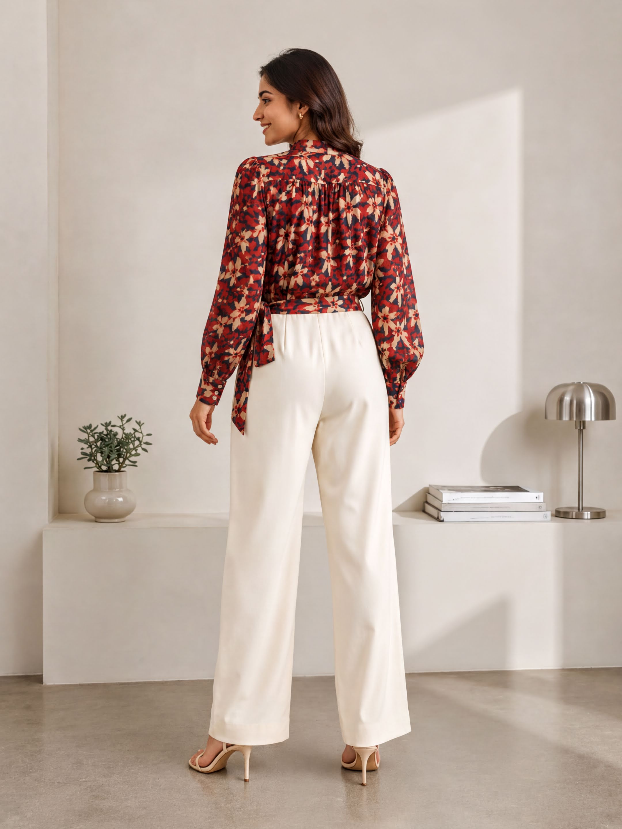 A woman wearing a red and black floral blouse and white wide leg pants stands in a minimalist room with a white wall, a small plant, and a lamp.