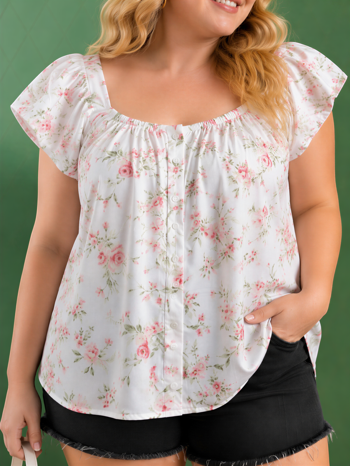 A woman wearing a white blouse with a floral print and black shorts, smiling at the camera.