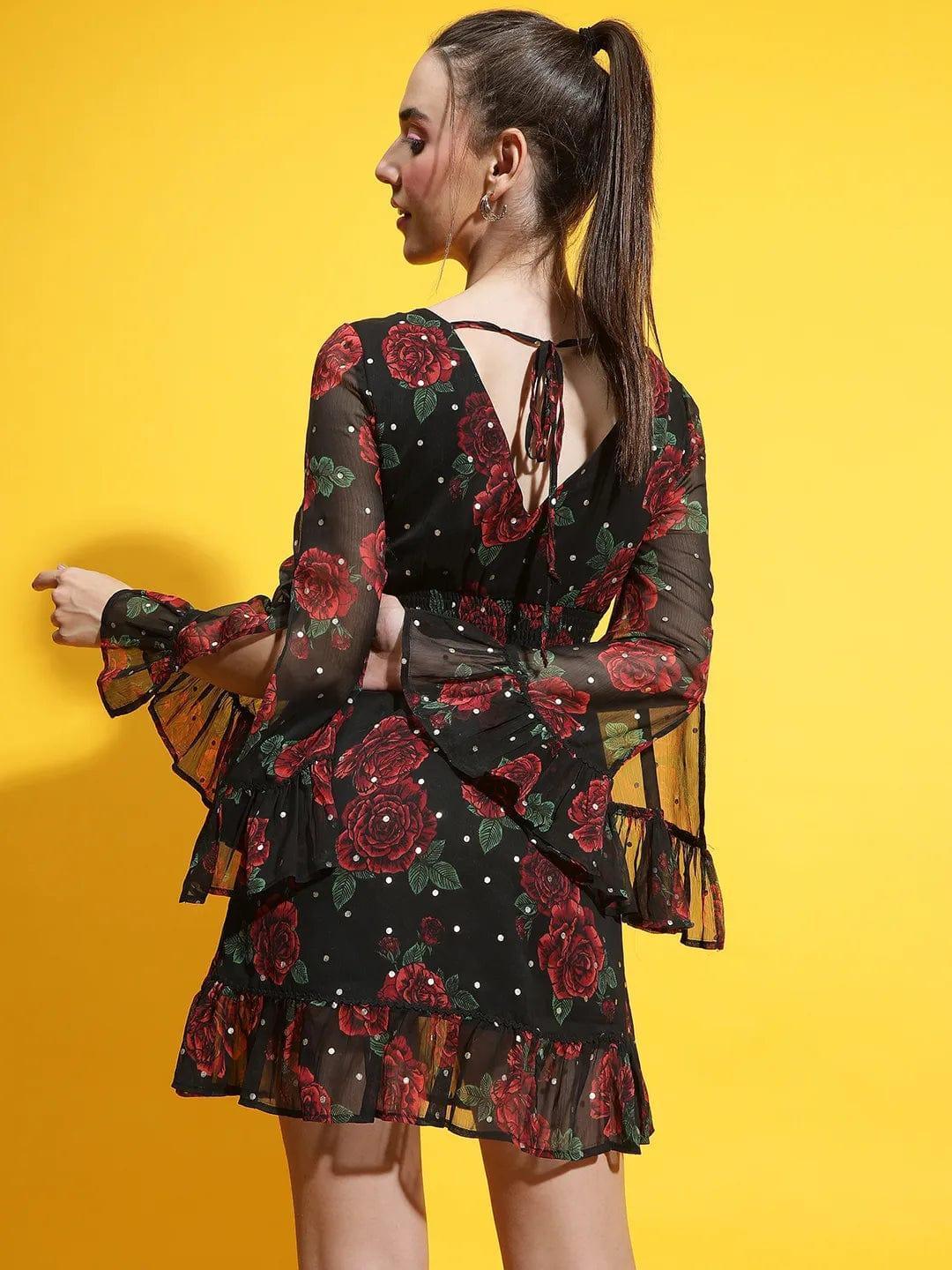 Oxolloxo black rose print lace dress with sheer long sleeves and ruffle details