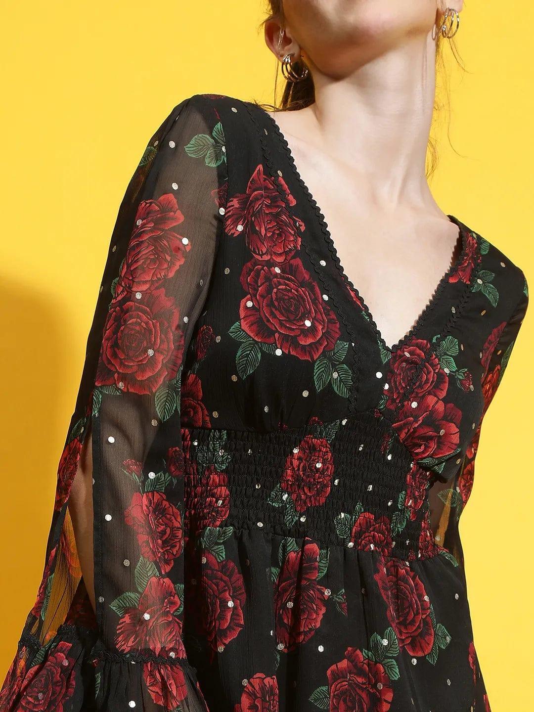 Oxolloxo black rose print lace dress with sheer long sleeves and deep V-neckline