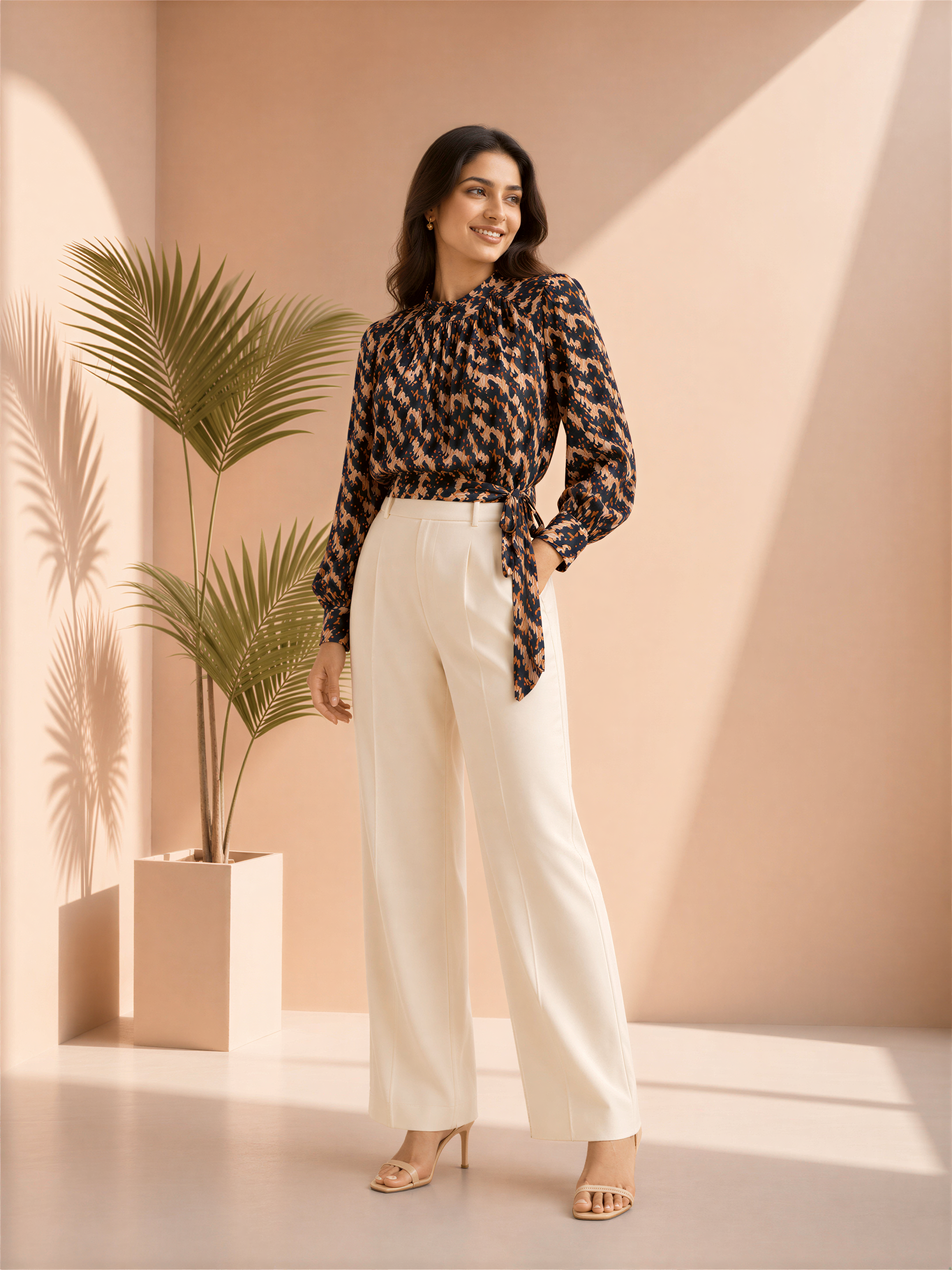 A woman wearing a black and brown patterned blouse and white pants stands in a room with a potted plant in the background.
