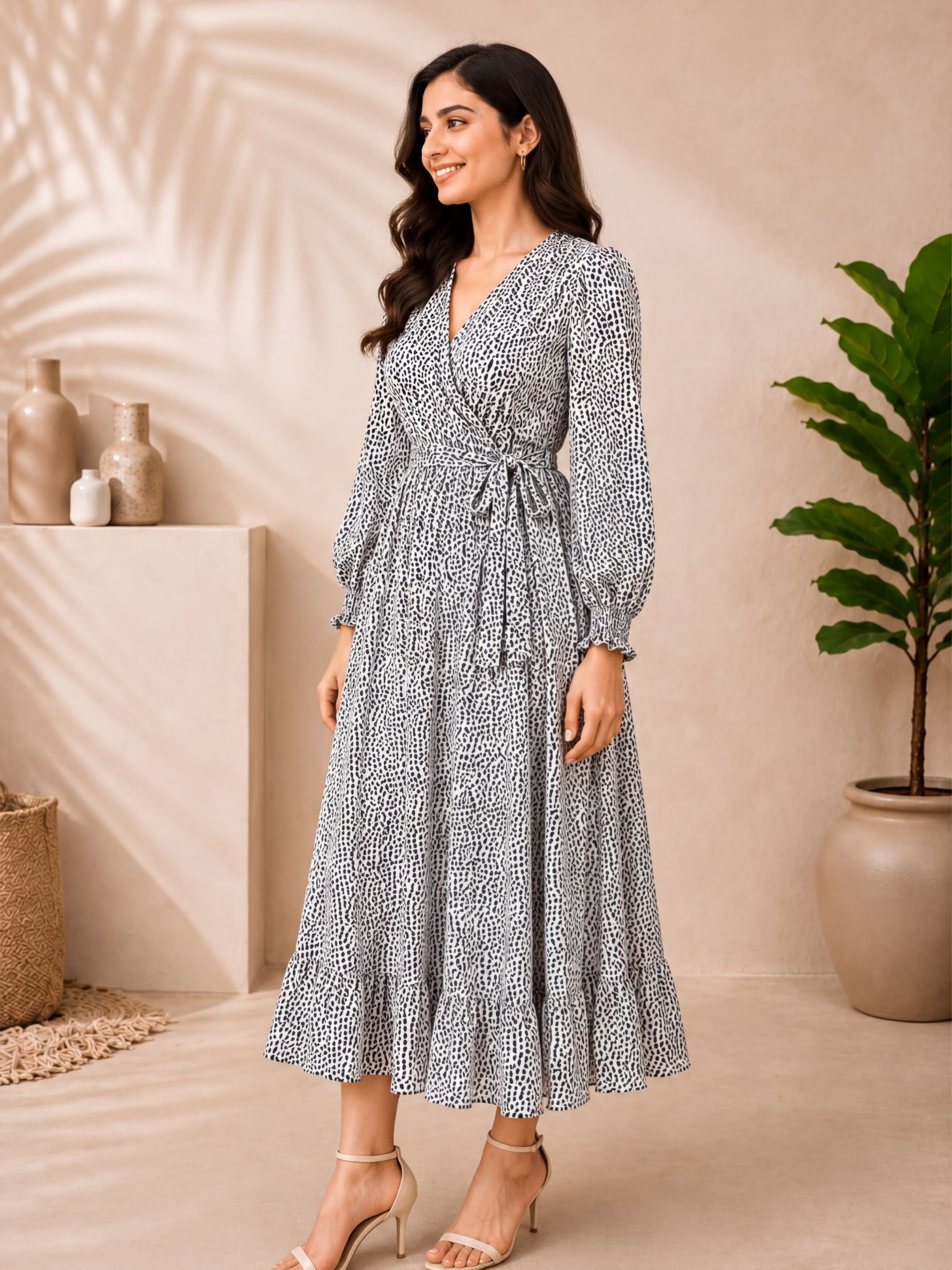 A woman wearing a long, gray and white patterned dress with a wrap neckline and puff sleeves stands in a room with a potted plant and decorative vases.