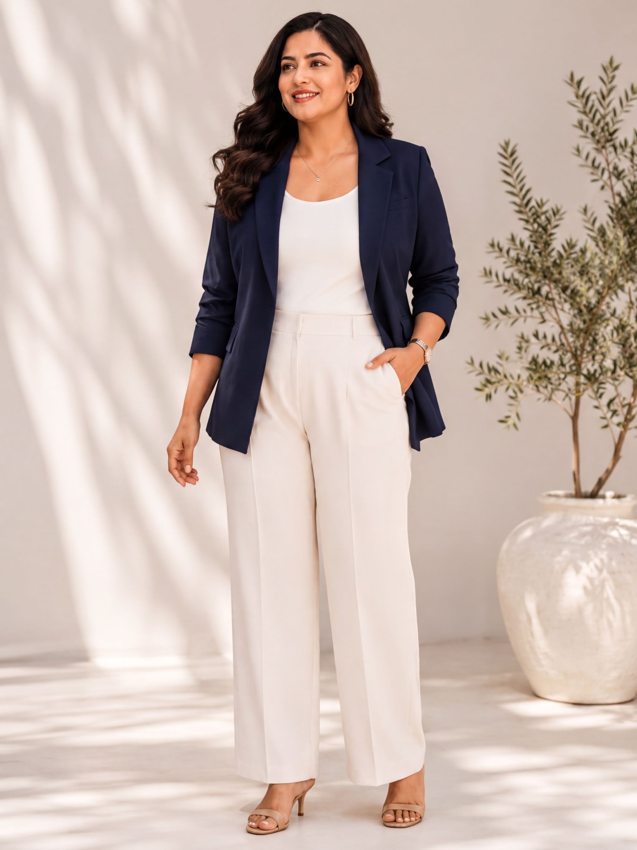 A woman wearing a navy blue blazer, white pants, and heels stands in front of a white vase with greenery, smiling at the camera.