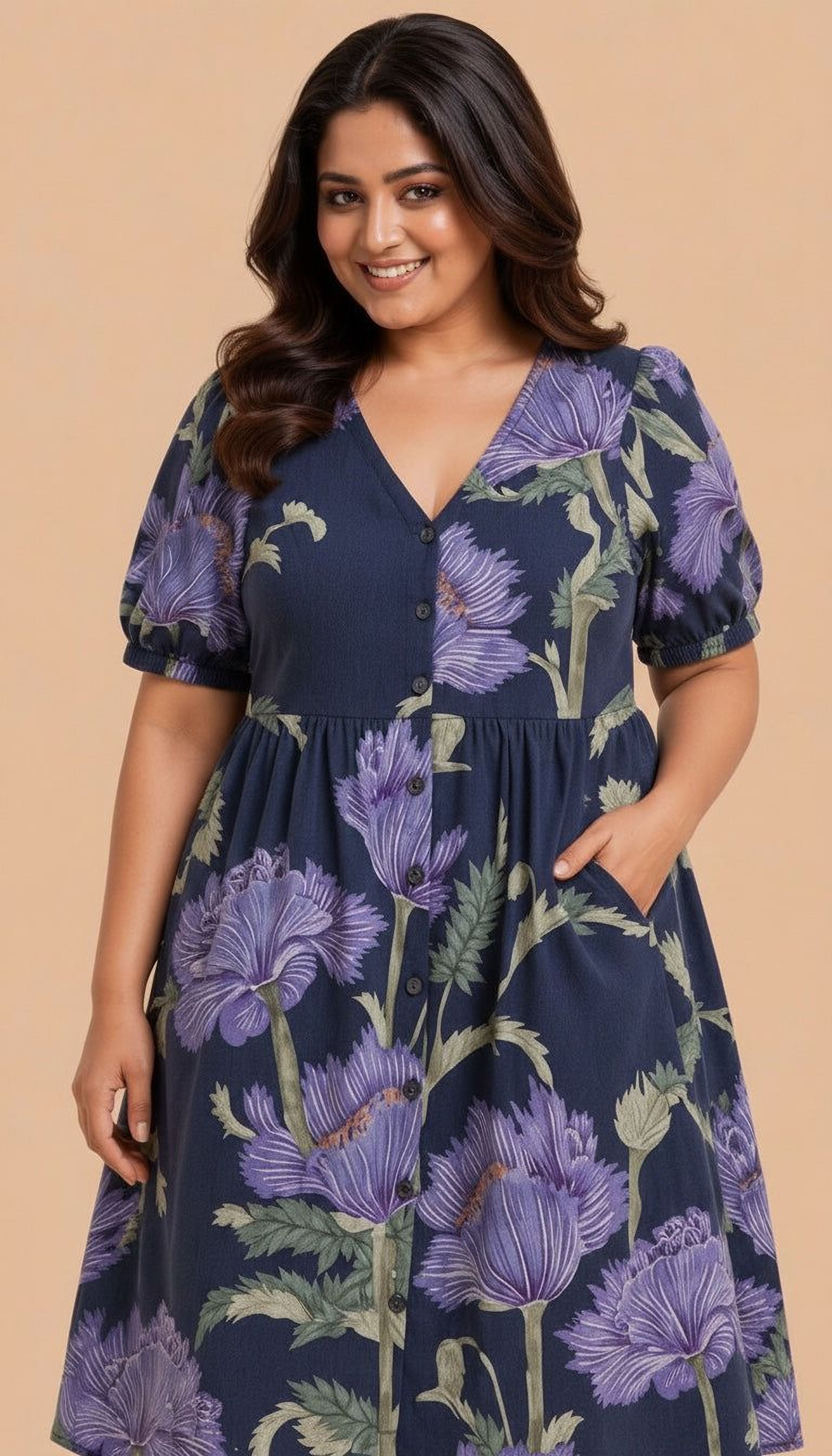 Woman wearing a navy floral dress against a beige background