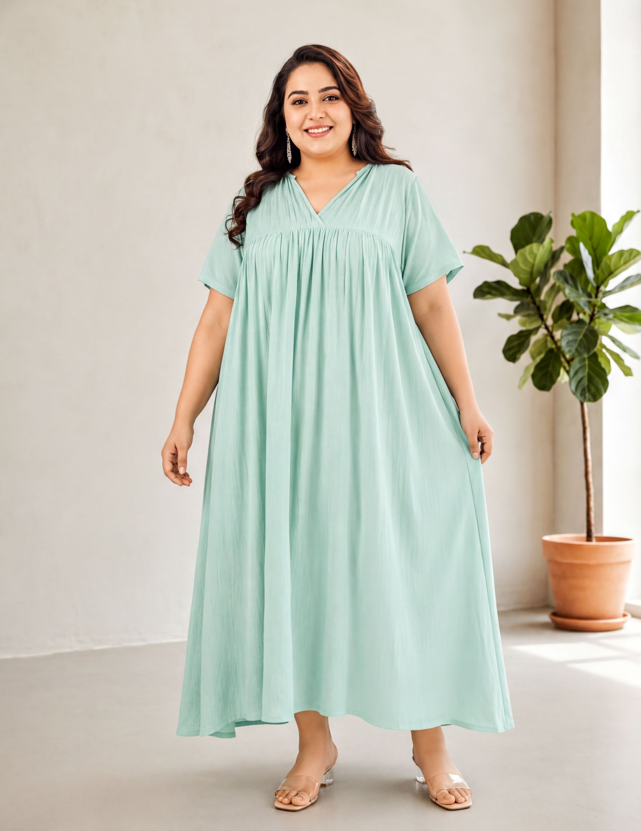 light green sleeve rayon maxi dress