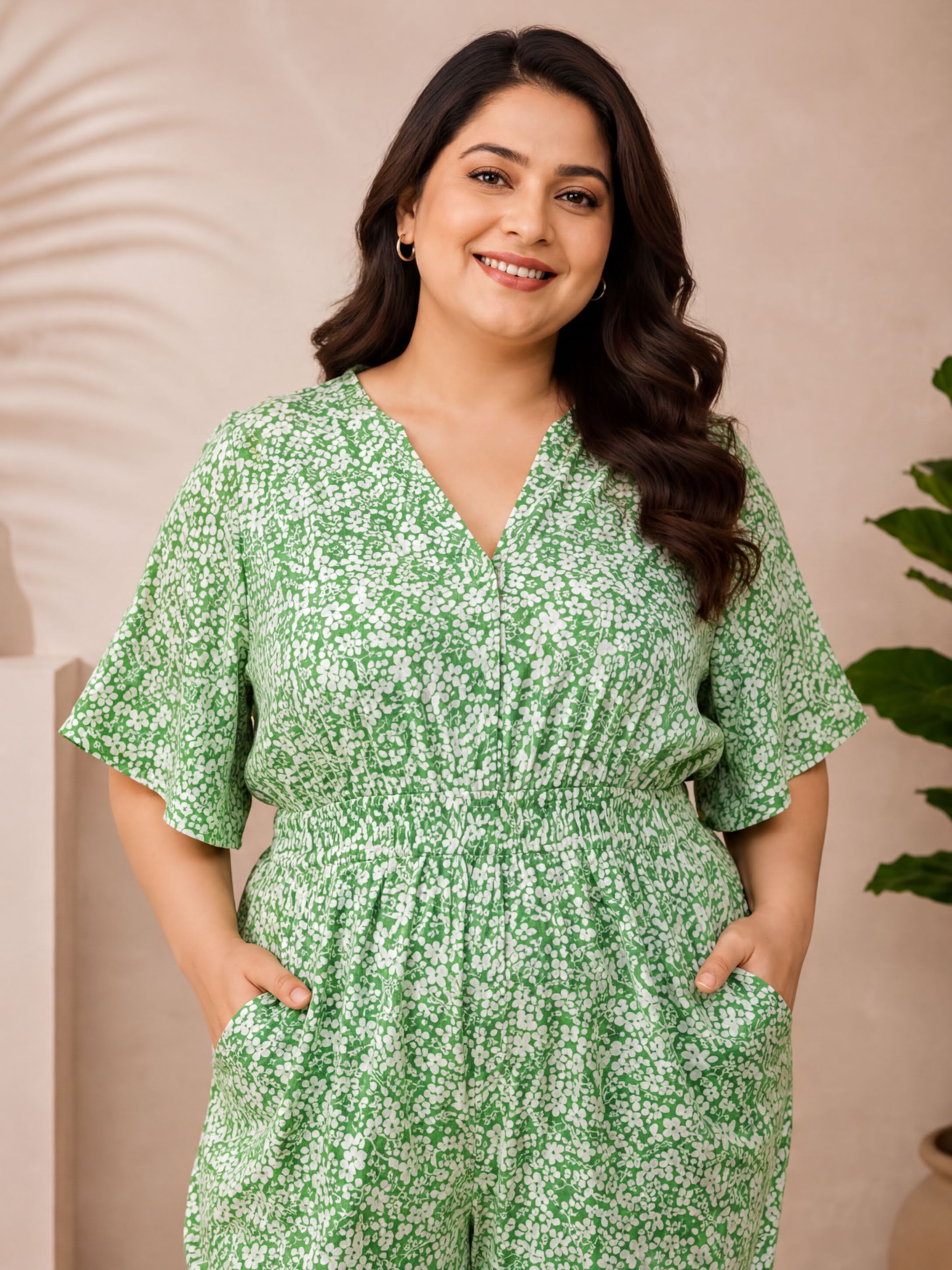 A woman wearing a green floral print jumpsuit with a v neck and flared sleeves, smiling at the camera.
