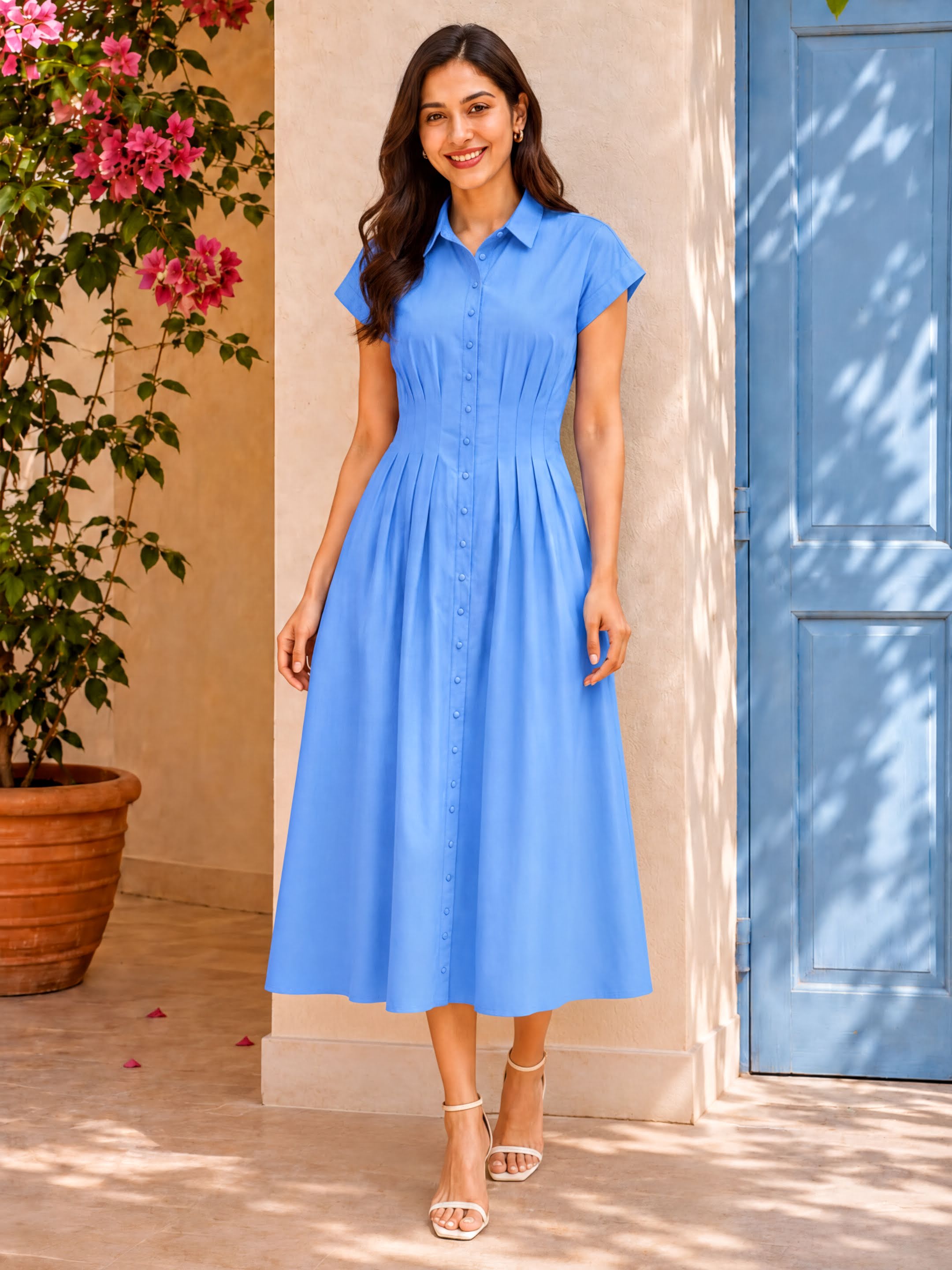A woman wearing a blue dress with short sleeves and a pleated skirt is standing in front of a blue door and a potted plant.