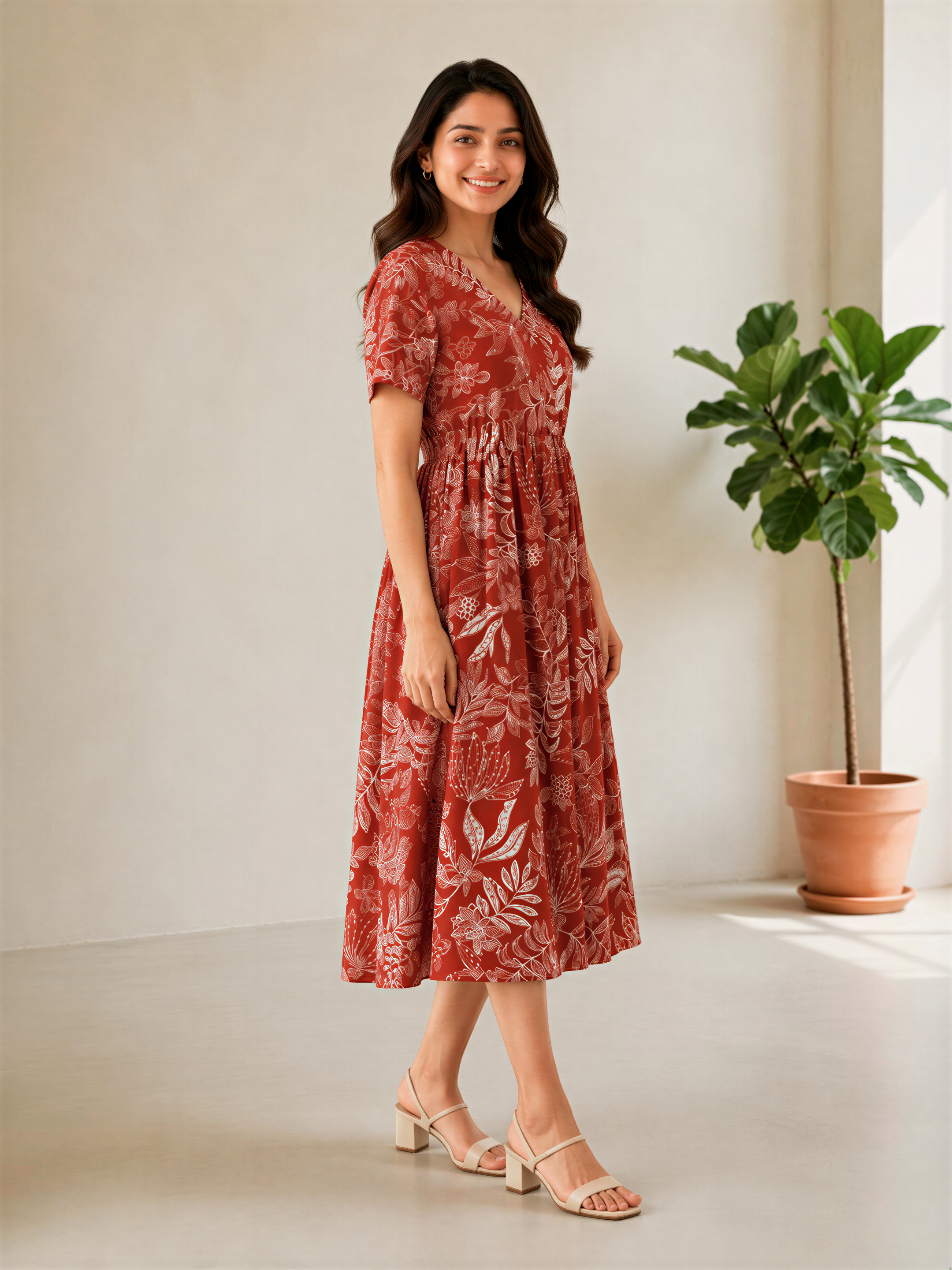 A woman in a red floral dress stands in a room with a potted plant to her right.
