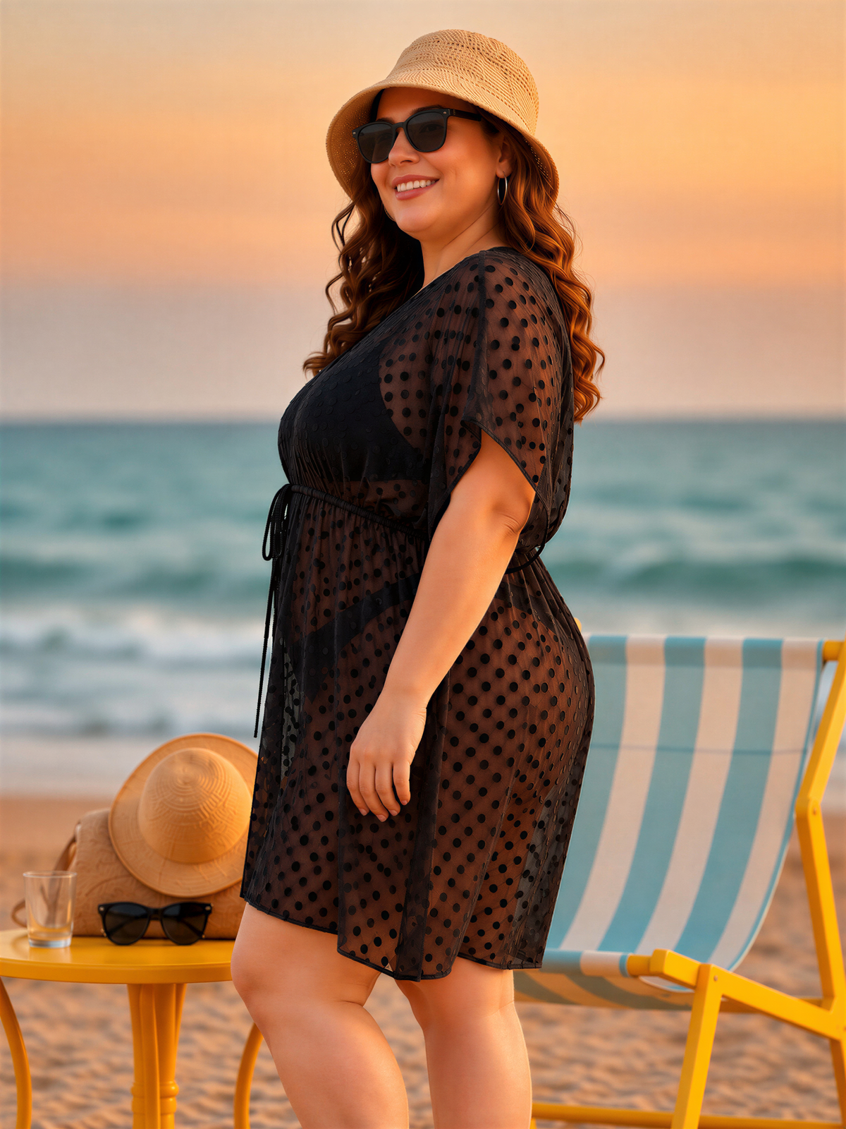 A woman in a black polka dot dress and a wide-brimmed hat stands on a beach, smiling and looking towards the camera.