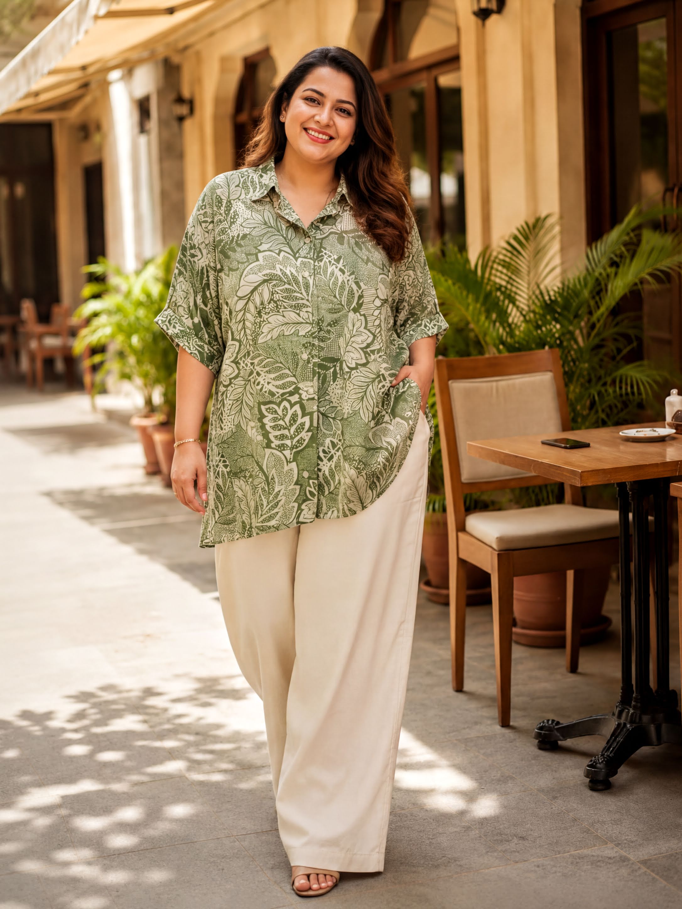 A woman wearing a green and white floral print shirt and beige pants is standing on a sidewalk, smiling and looking directly at the camera.