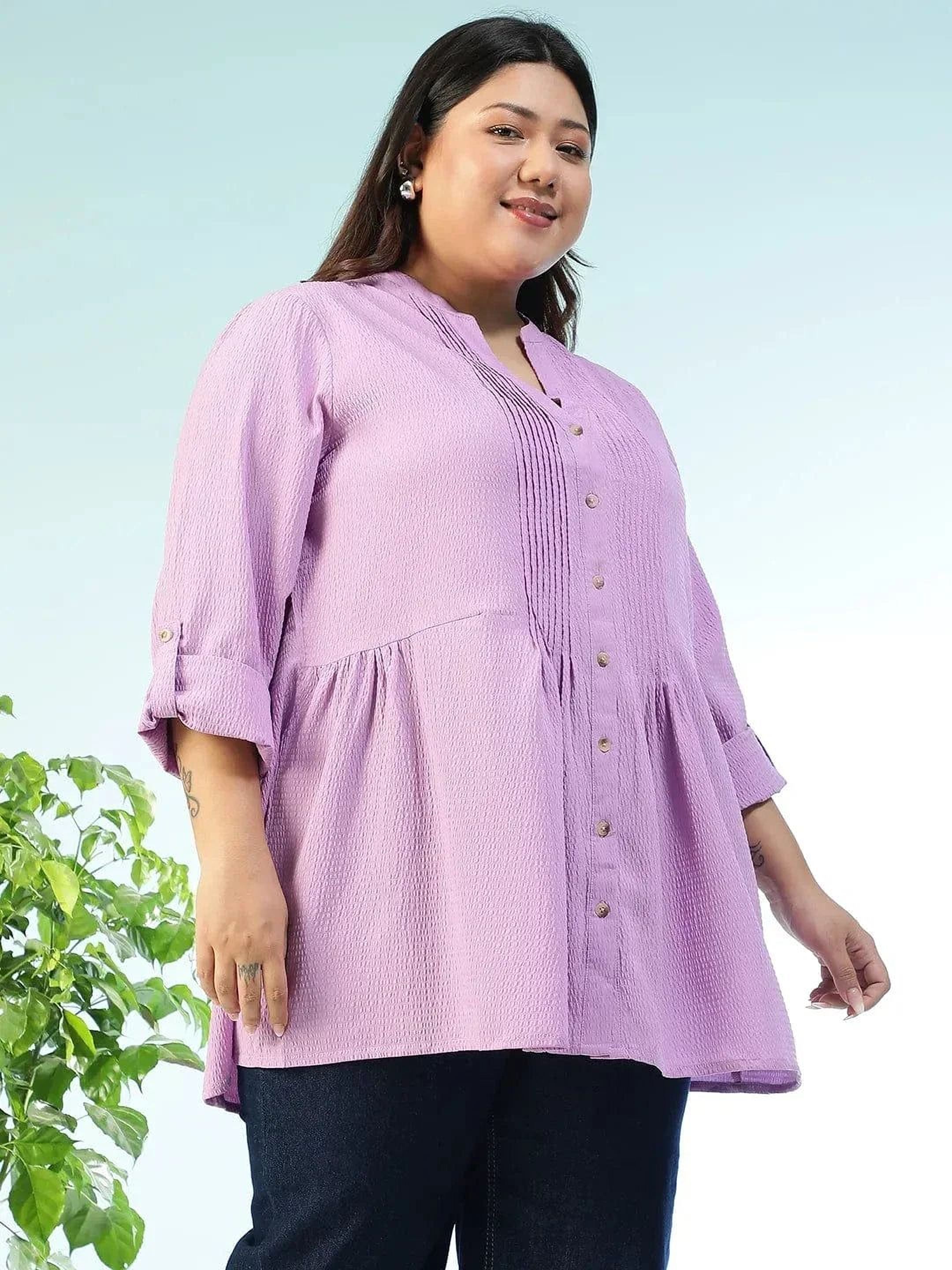 subtle-solid-purple-long-sleeve-pleates-detail-button-down-plus-size-women-dobby-tunic