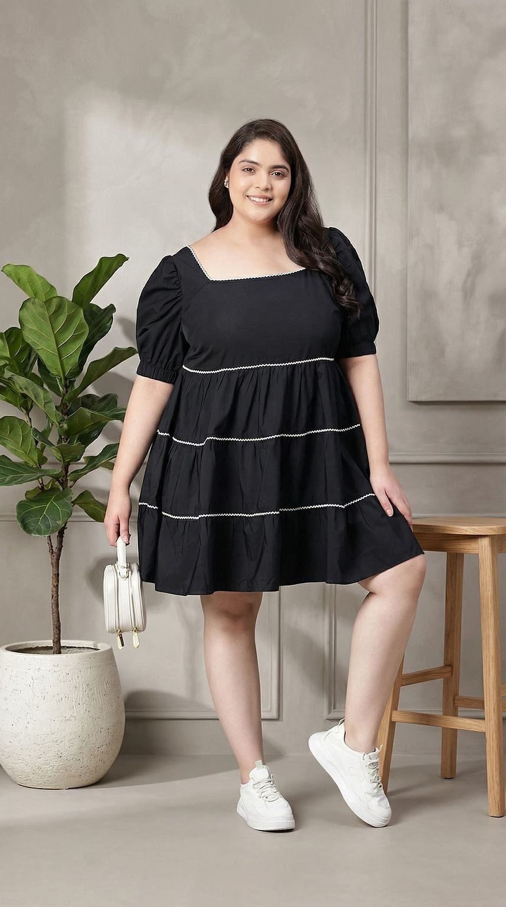 oxolloxo black cotton tiered mini dress with square neckline and puffed sleeves