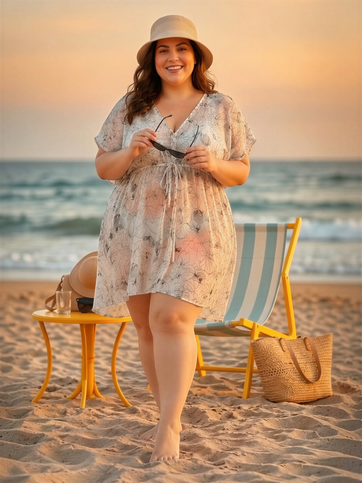 A woman in a floral dress stands on a sandy beach, smiling and holding sunglasses. She is wearing a hat and has a straw bag nearby.