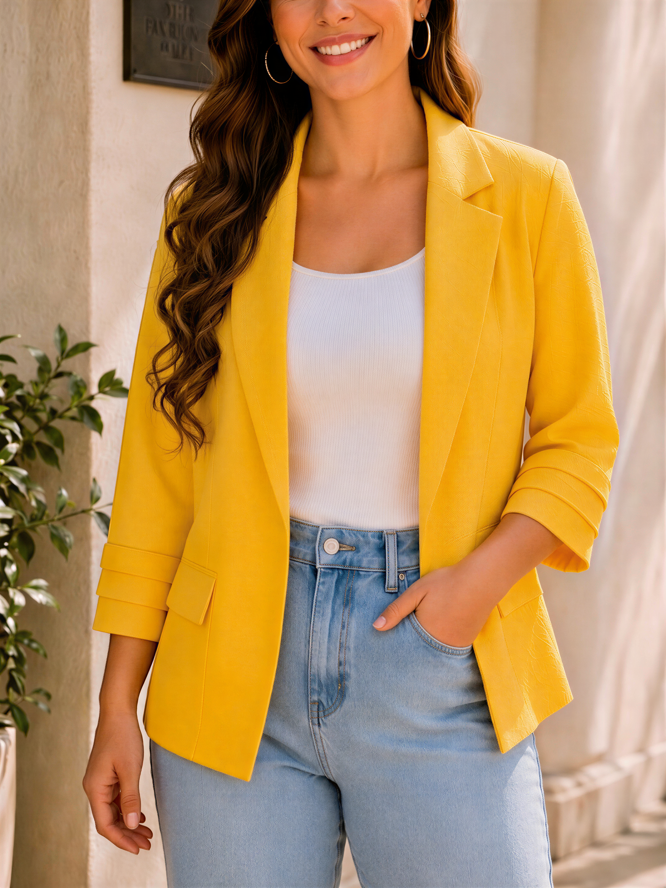 A woman wearing a bright yellow blazer, white top, and light blue jeans is smiling and posing for the camera.