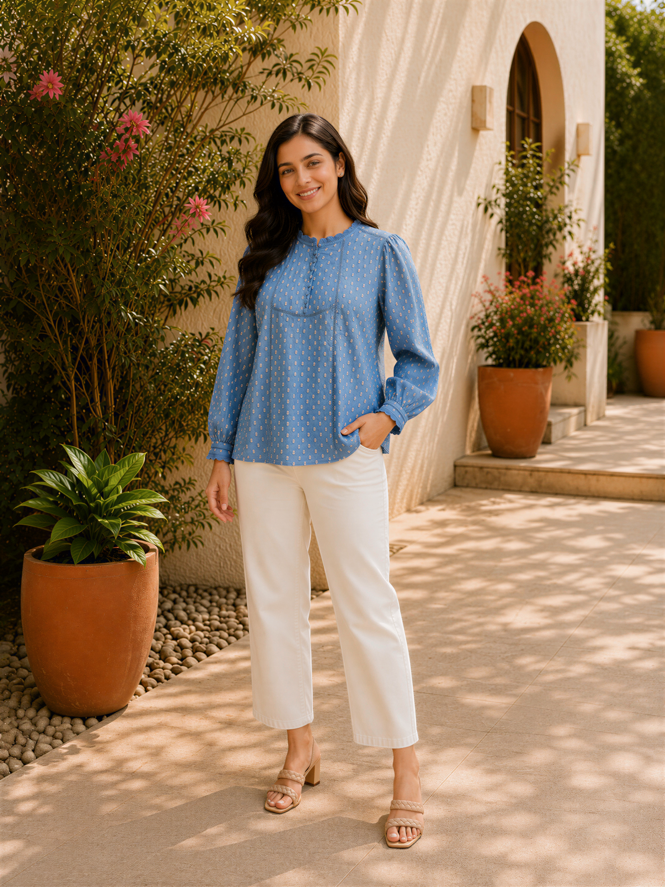 A woman in a blue blouse and white pants stands in front of a building with potted plants, smiling at the camera.