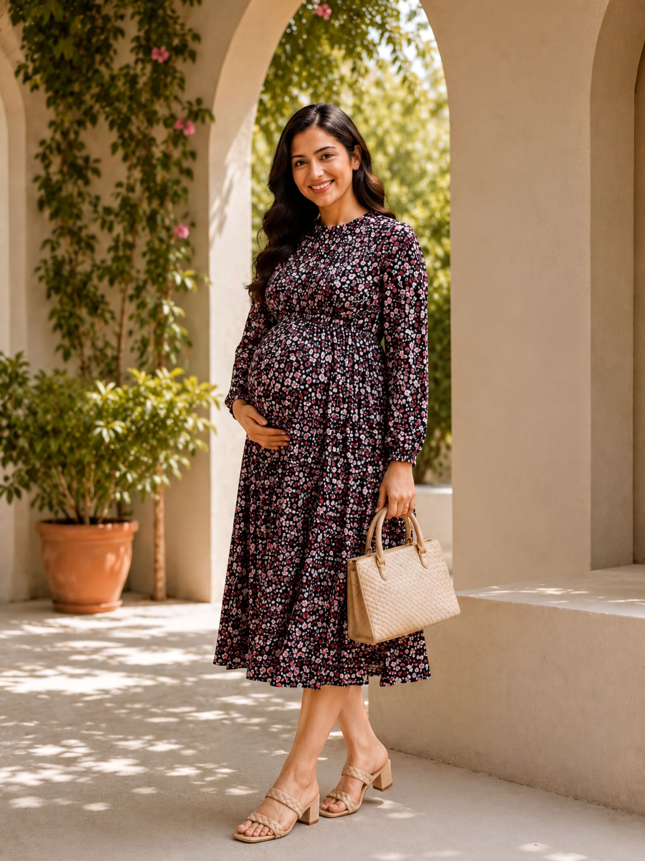 A pregnant woman wearing a floral print dress and holding a beige handbag stands in front of a building with arched windows and a potted plant.