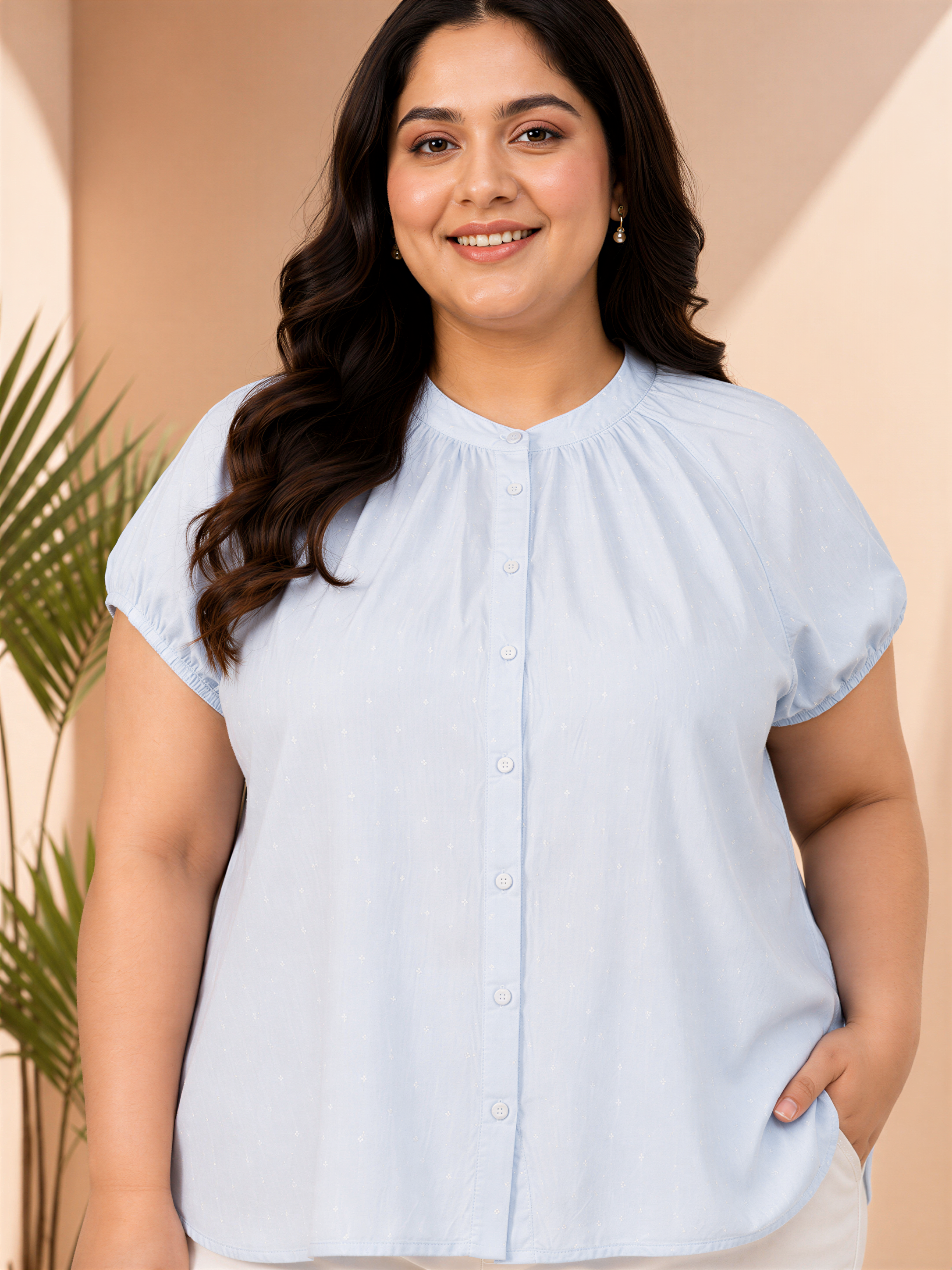 glare blue gather detail short sleeve button down rayon swiss dot dobby plus size women top