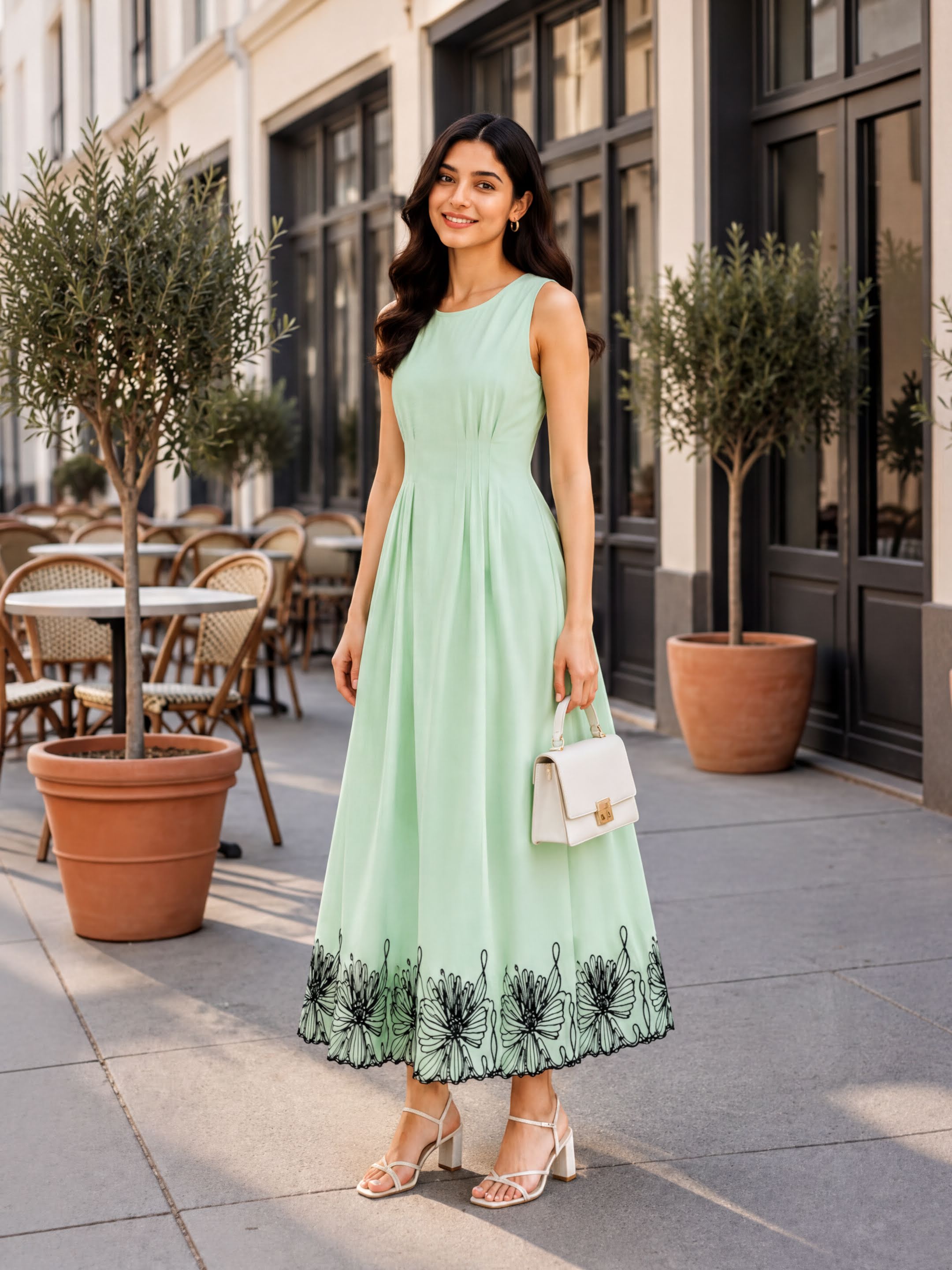 A woman in a mint green dress with black floral embroidery stands on a sidewalk, smiling and holding a white handbag.