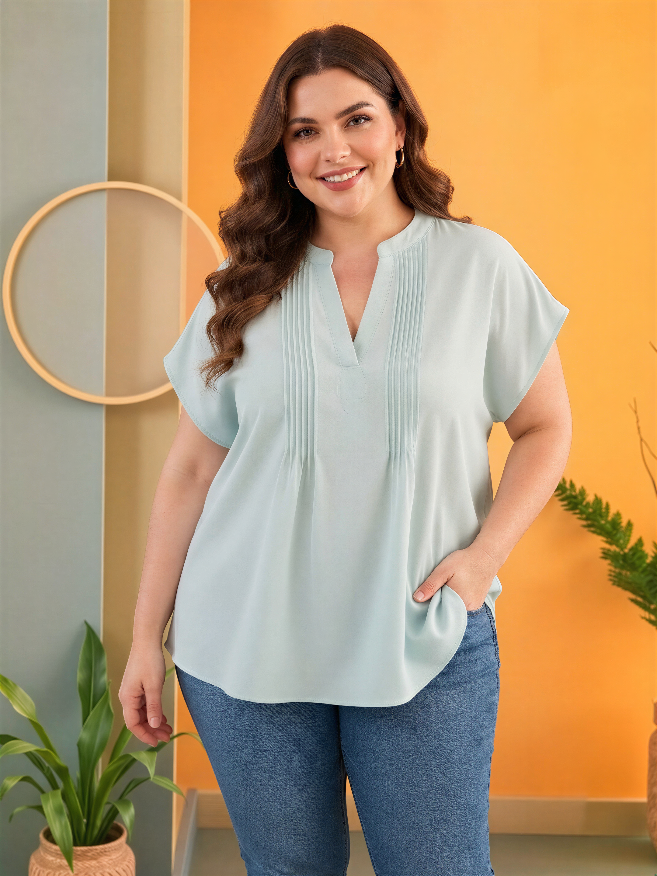 A woman with long brown hair is smiling and posing in a light blue blouse with a v-neck and short sleeves, standing in front of a colorful orange and green background.