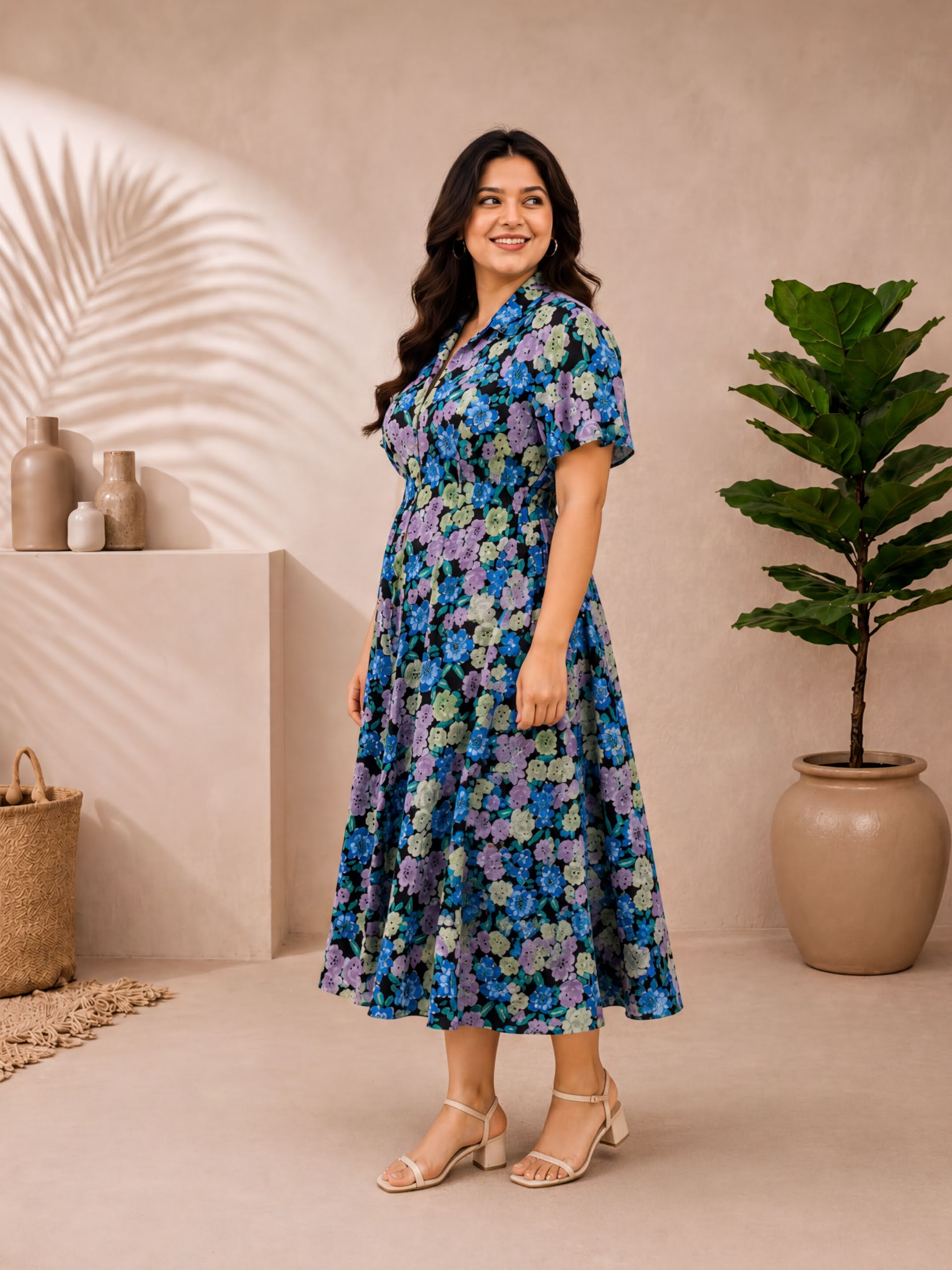 A woman wearing a blue floral dress stands in a room with a palm tree and potted plants.