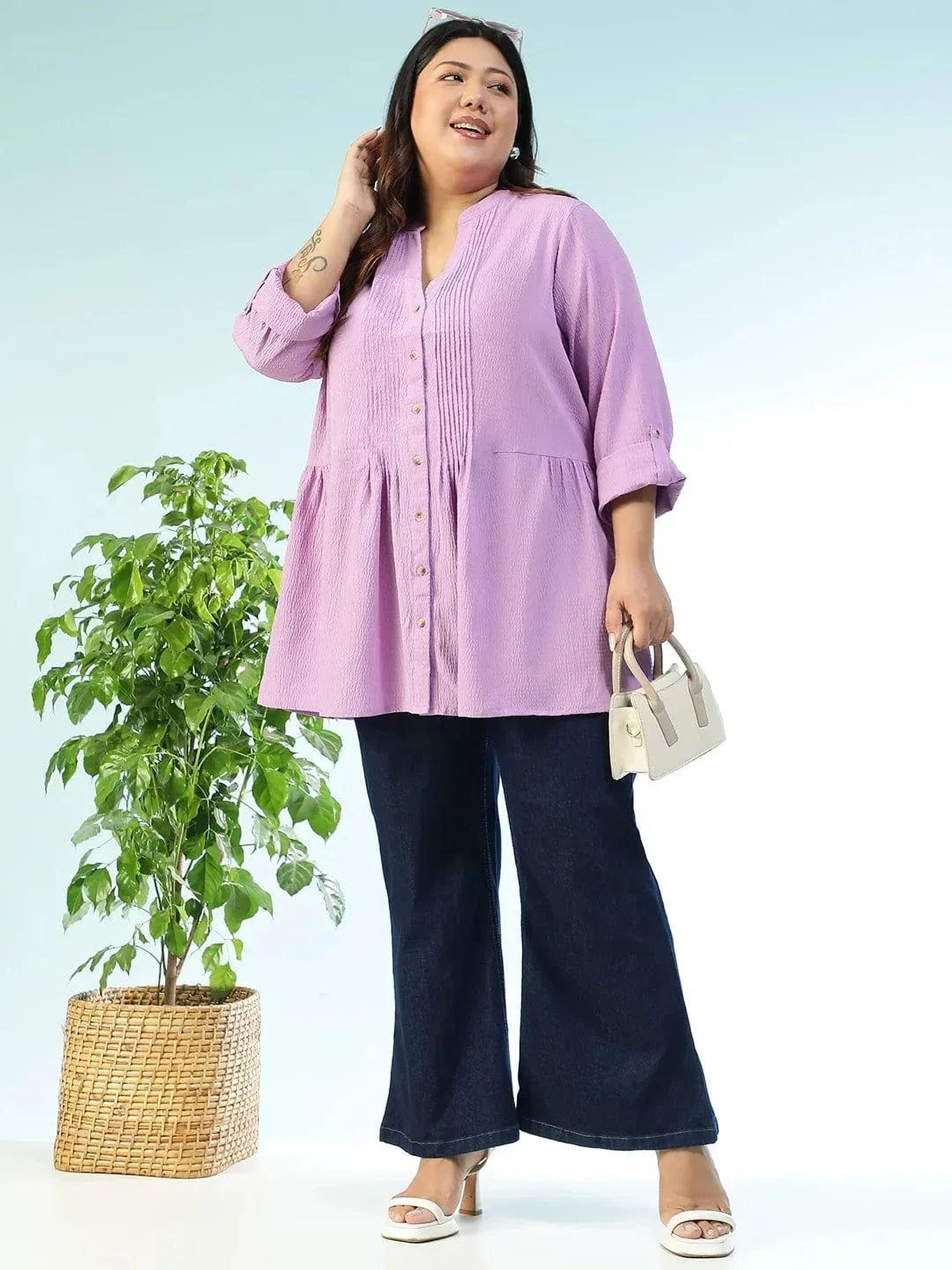 subtle-solid-purple-long-sleeve-pleates-detail-button-down-plus-size-women-dobby-tunic
