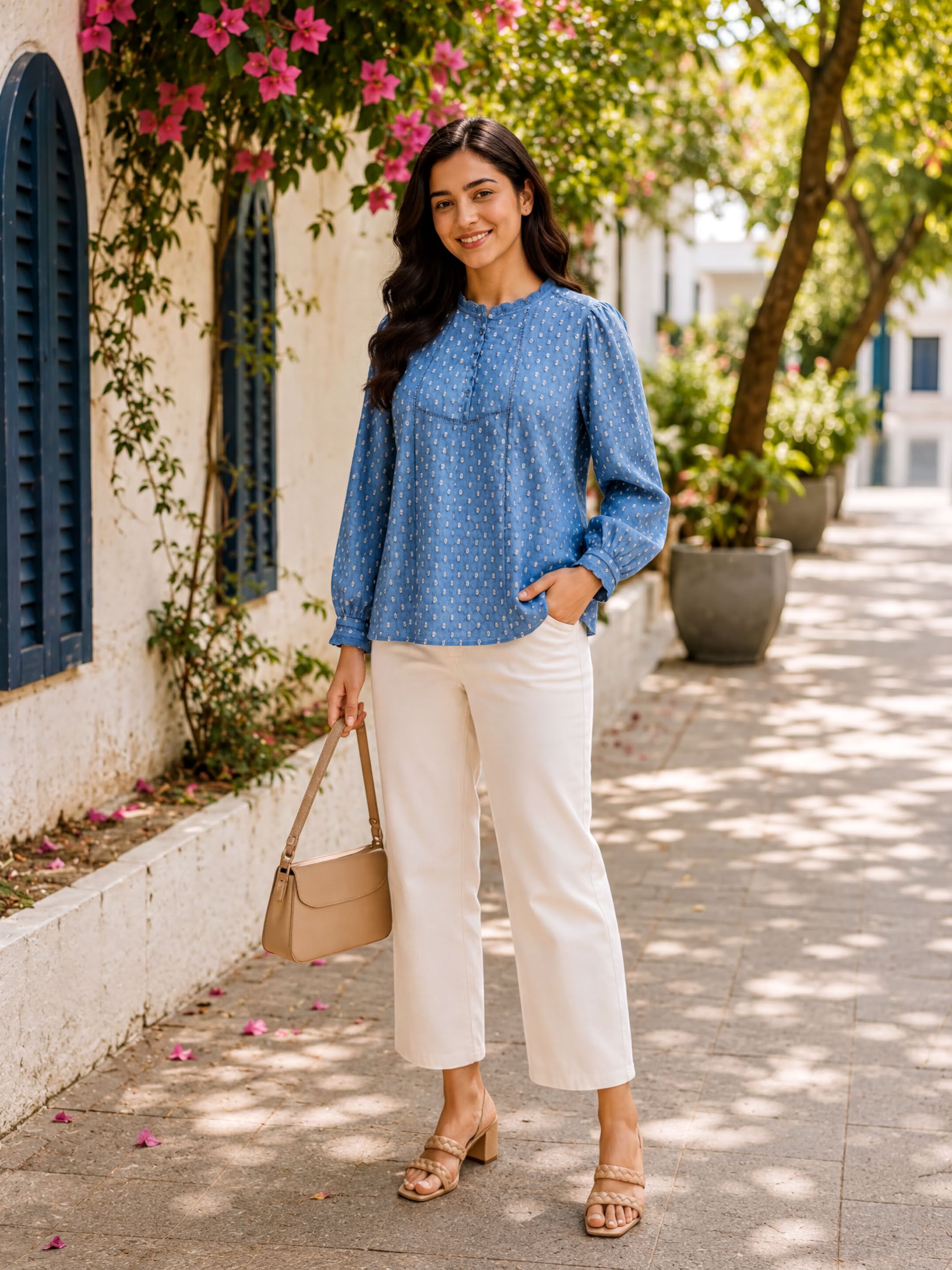 A young woman wearing a blue blouse with white polka dots, white pants, and beige heels is standing on a sidewalk, smiling and holding a beige purse.