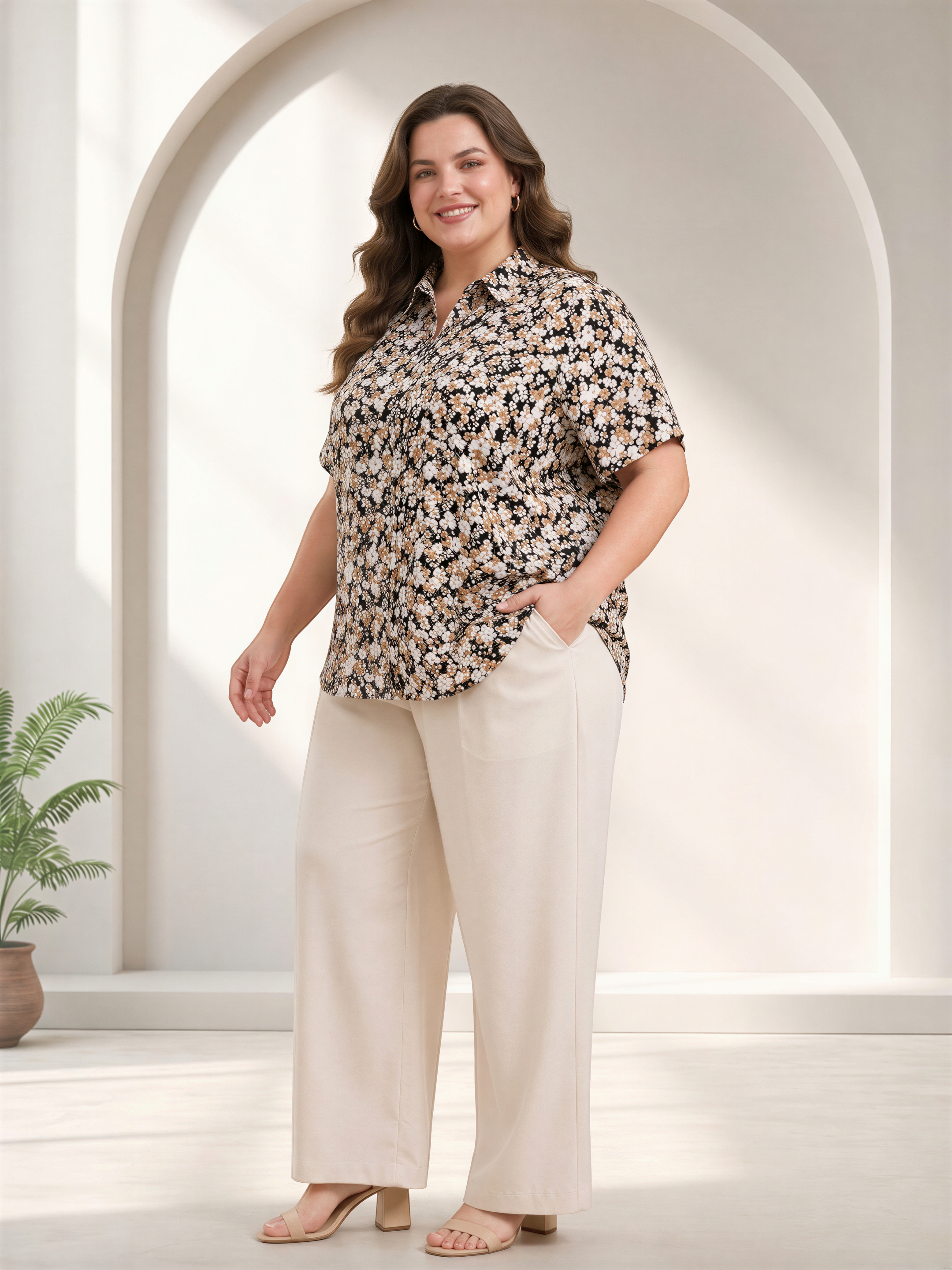A woman wearing a floral print blouse and beige pants stands in front of a white archway, smiling at the camera.