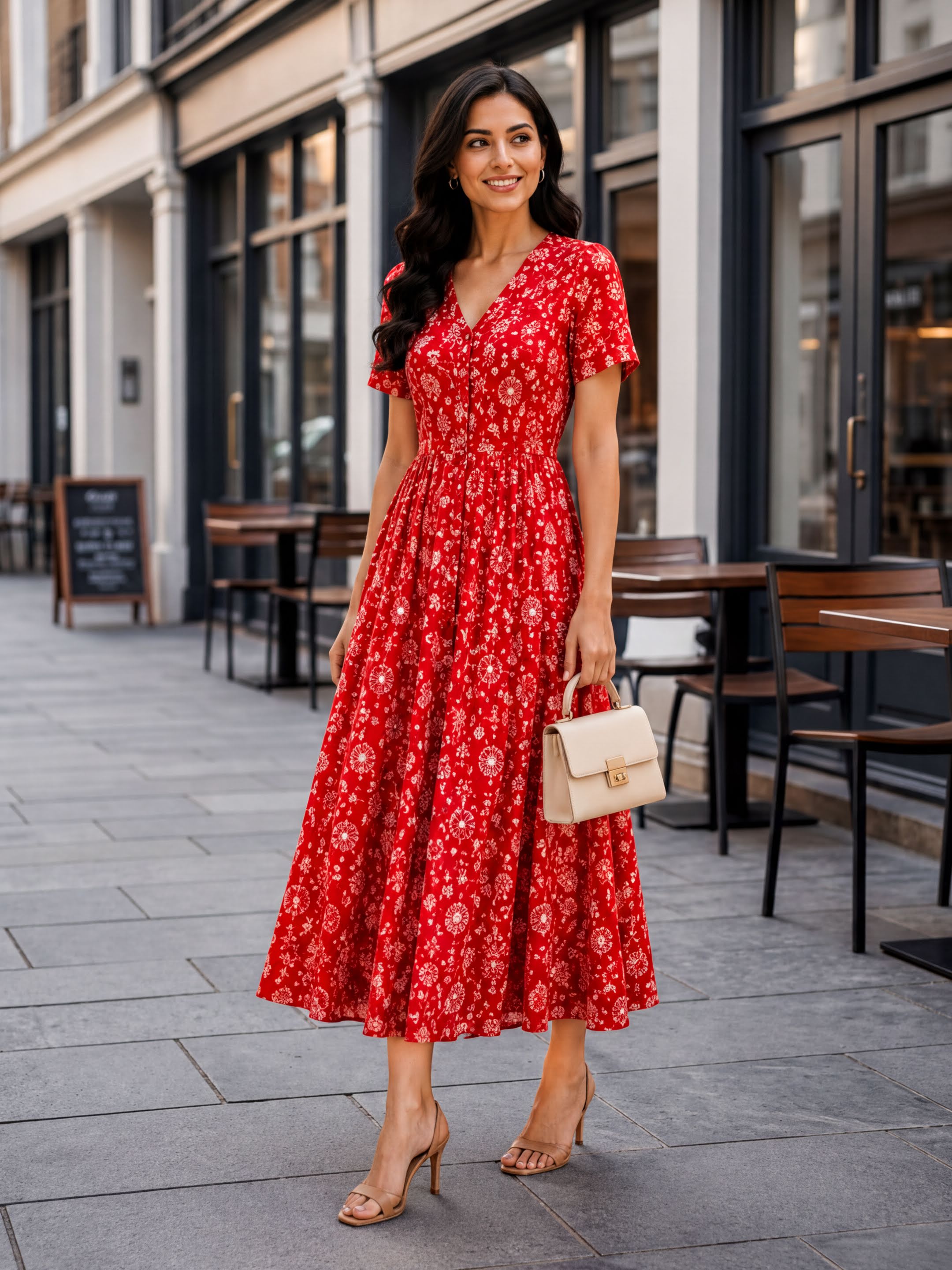 A woman wearing a red floral dress and high heels is standing on a sidewalk, smiling and holding a beige handbag.
